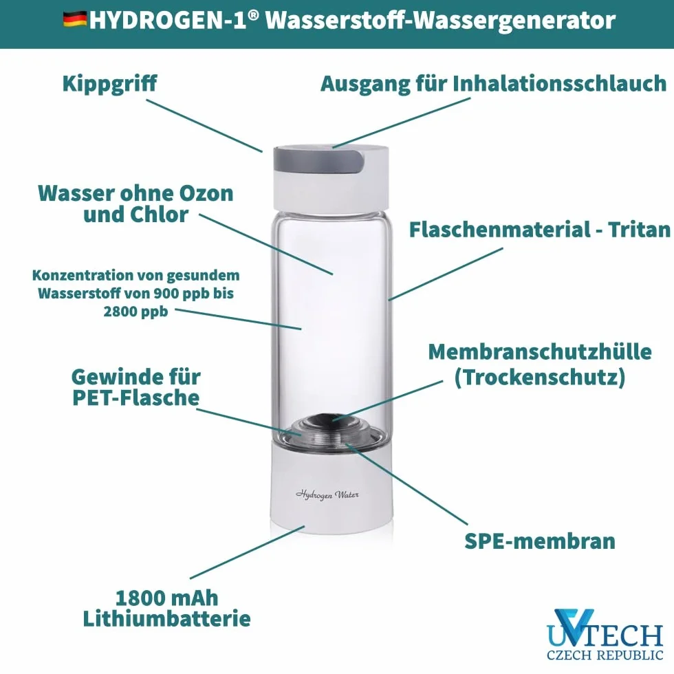 Hydrogen-1 generator wody 400 ml japońska membrana SPE inhalacja wodoru biały