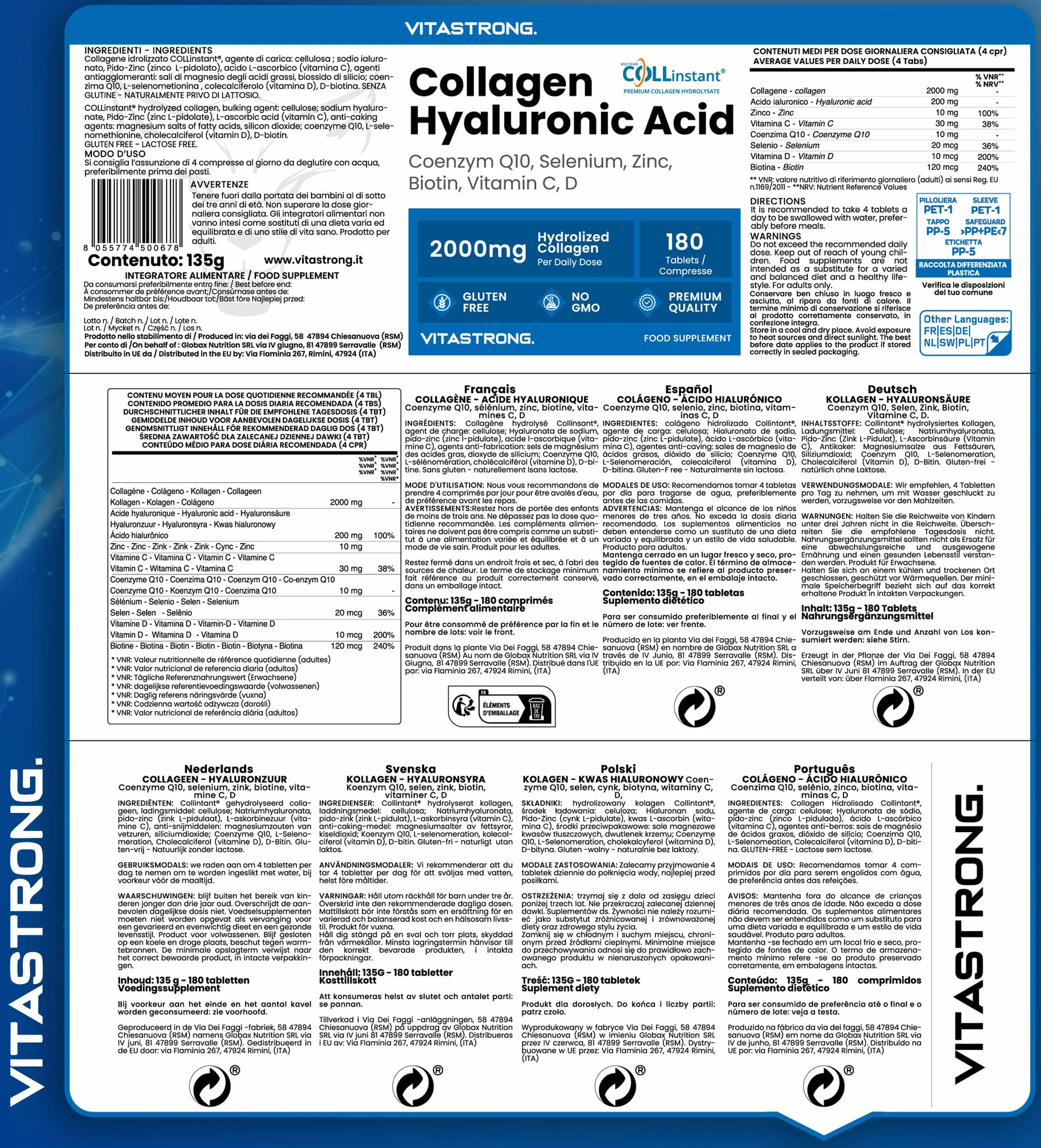 Hydrolizowany Kolagen 2000MG Vitastrong - COLLinstant® Kolagen i Kwas Hialuronowy z Biotyną, Koenzymem Q10, Cynkiem, Selenem, Witaminą C, Witaminą D - Skuteczna Formuła - Wysoka Jakość