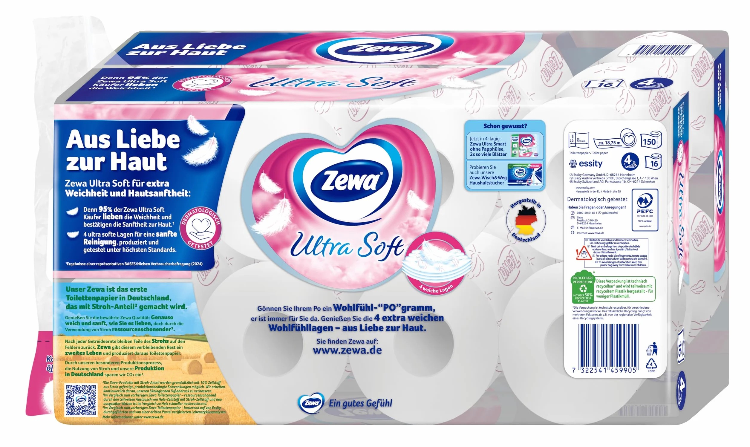 Zewa Ultra miękki papier toaletowy z zawartością słomki, 3 x 16 rolek