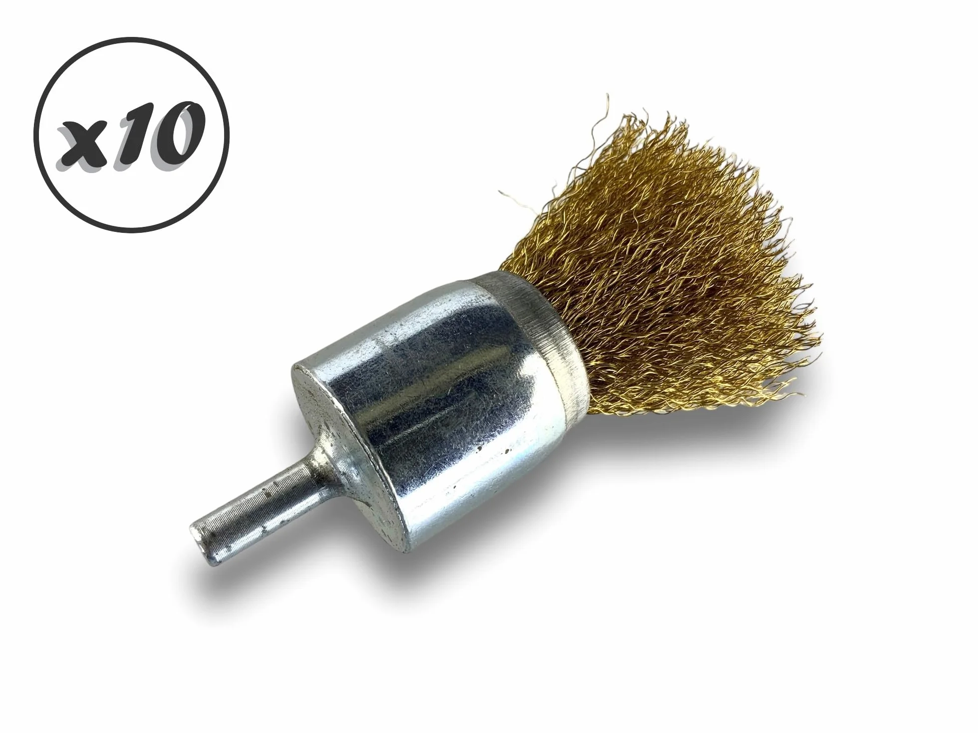Zestaw 10 metalowych szczoteczek obrotowych z końcówką Ø 28 mm | Kształt pędzla na trzonku Ø 6 mm | Drut LAITON Ø 0,20 mm miękki | Do wiertarki lub wkrętarki z uchwytem | Szczotkowanie i zdejmowanie |