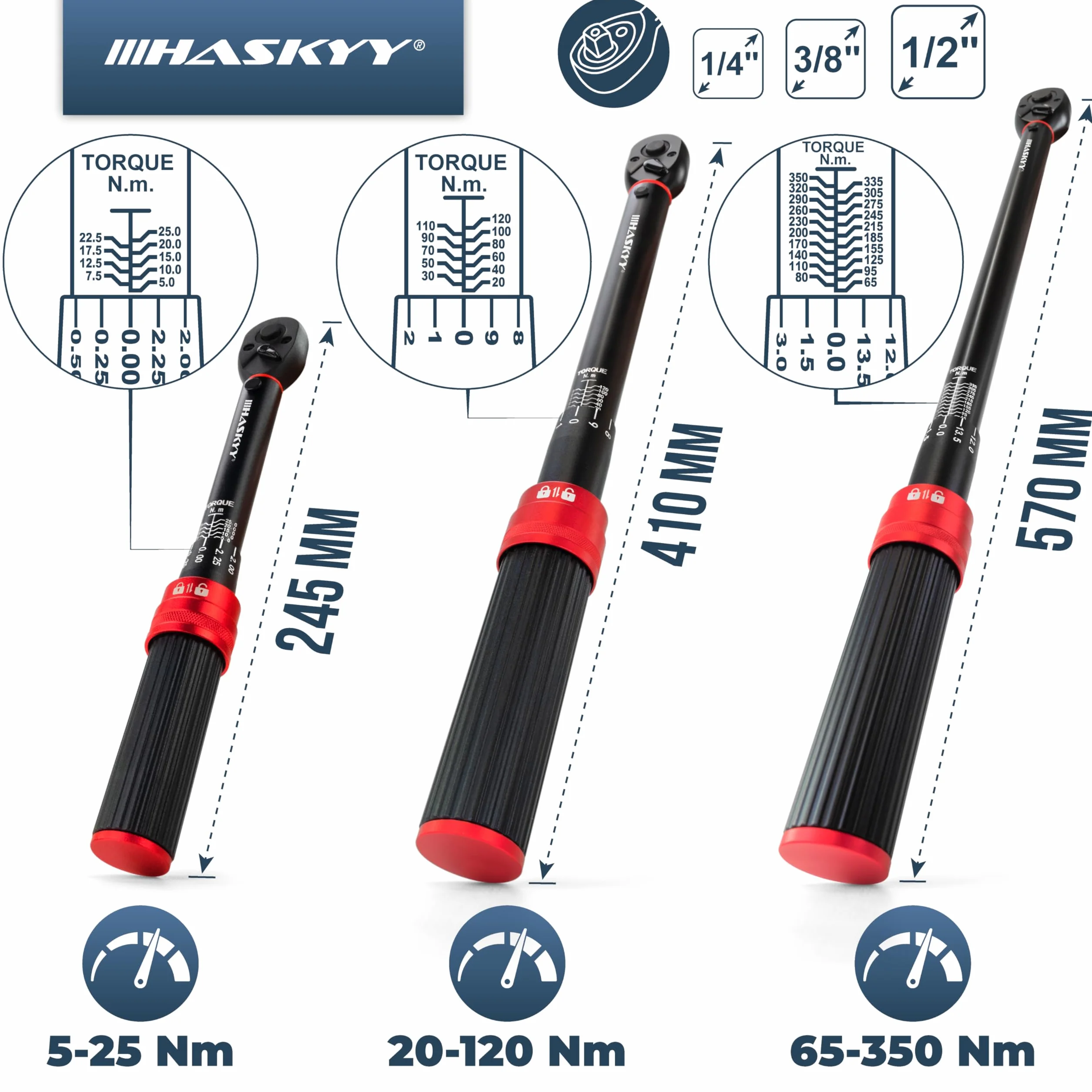 HASKYY Zestaw klucza dynamometryczny 1/4" 3/8" 1/2" 5-25 Nm 20-120 Nm 65-350 Nm, 3-częściowy rower motocyklowy, silnik, samochód przemysłowy, do samochodu, momentu obrotowego, grzechotki