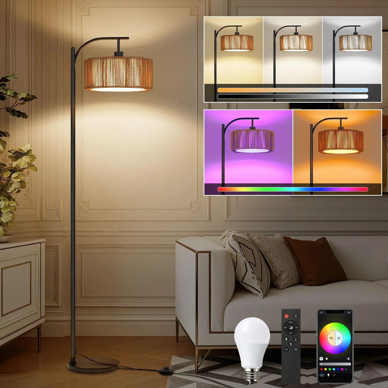 Lampa stojąca do salonu, rattanowa, RGB, ściemniana, lampa stojąca z pilotem zdalnego sterowania i sterowaniem za pomocą aplikacji, funkcja timera, DIY i tryb muzyki, E27 lampy stojące do