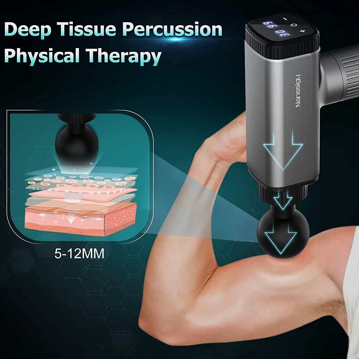 Pistolet do masażu Massage Gun z regulacją 30 kierunków, LED, 6 głowic, bateria 2600 mAh