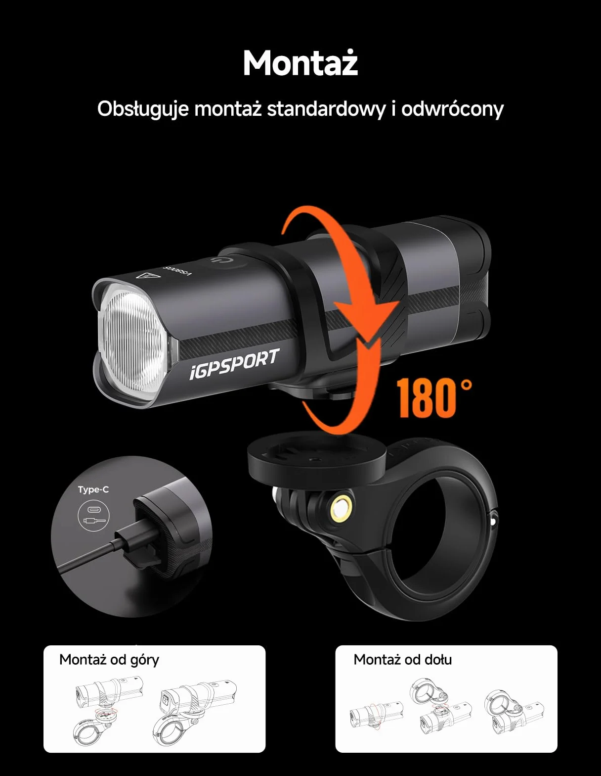 iGPSPORT VS800S Inteligentna Przednie Światła Rowerowe 800 LM, Bateria 4000 MAh, Auto Włącz/Wyłącz, Sterowanie Pilotem, 6 Trybów Światła, Antywstrząsowa, Antyodblaskowa, USB-C, Wodoodporność IPX6