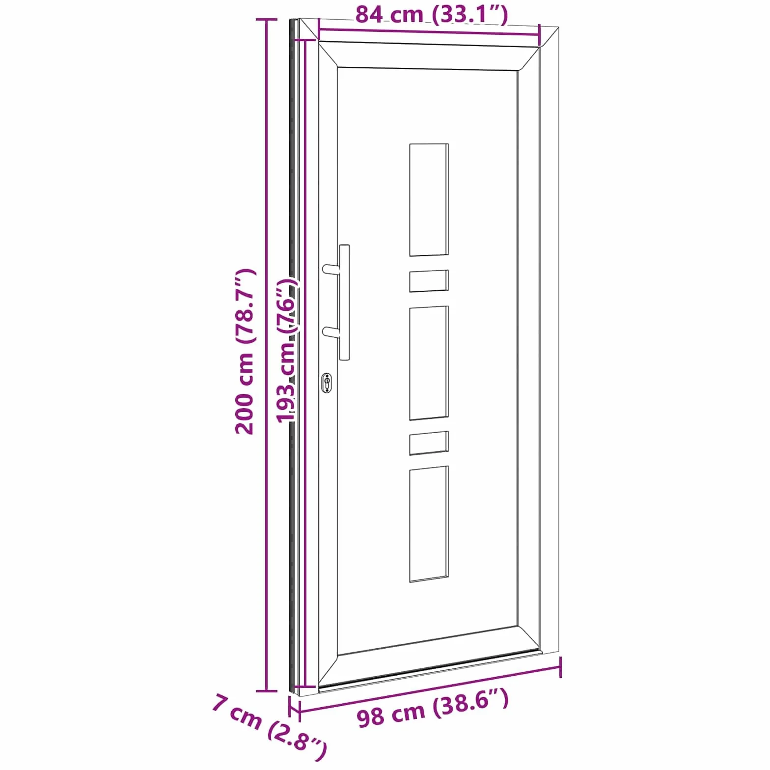Drzwi wejściowe antracytowe PCW 98 x 200 cm, drzwi wejściowe z wkładkami szklanymi, łącznie z uchwytem, taśmą, zamkiem, uszczelką do wejścia, drzwi przednich, drzwi dodatkowych, odporne na