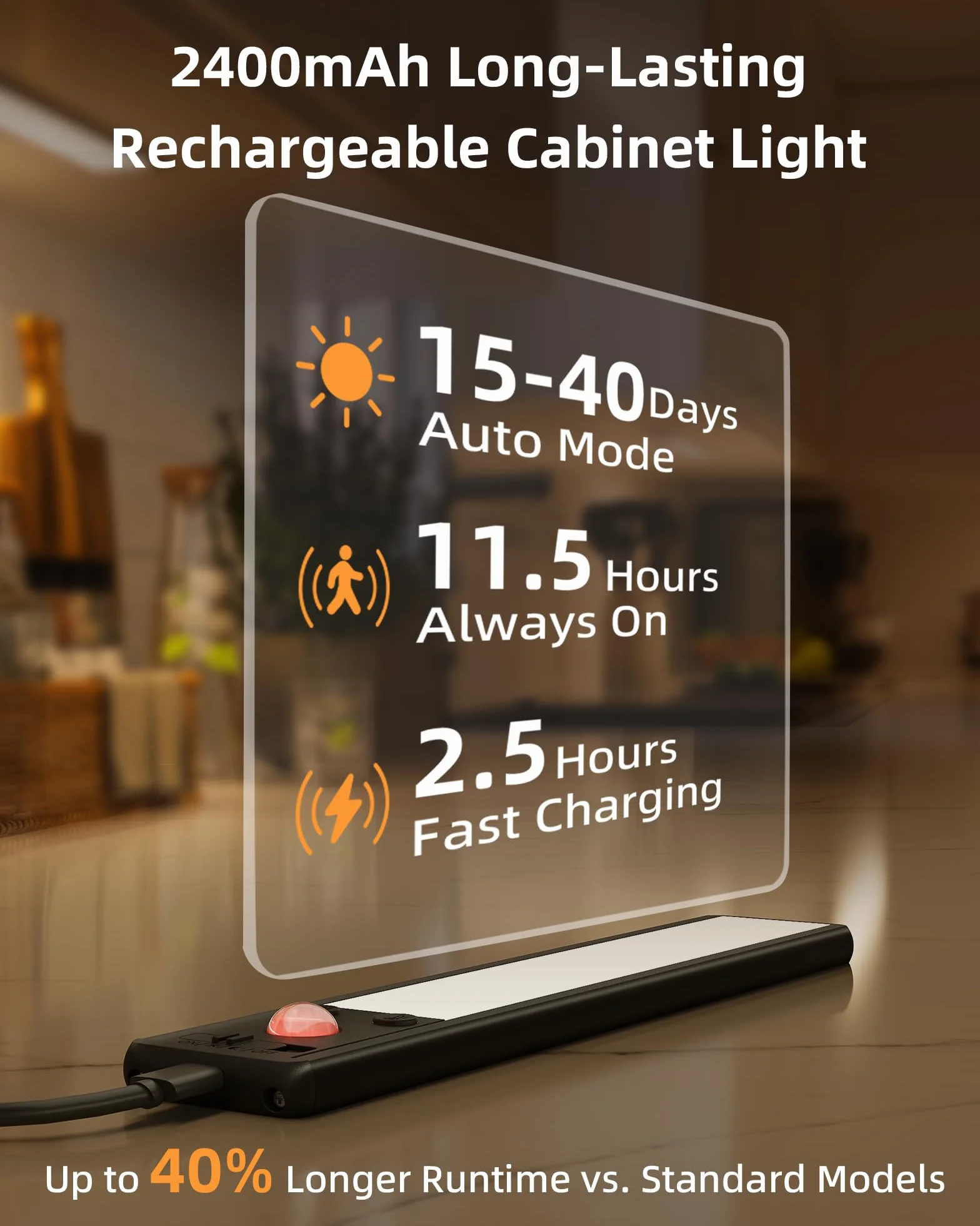 EZVALO Oświetlenie szafki LED 20 cm, 62 diody LED, bezprzewodowe, z czujnikiem ruchu, 2400 mAh, ładowane, 3 tryby kolorów, możliwość ściemniania, oświetlenie szafy, kuchni, czarne (2 sztuki)