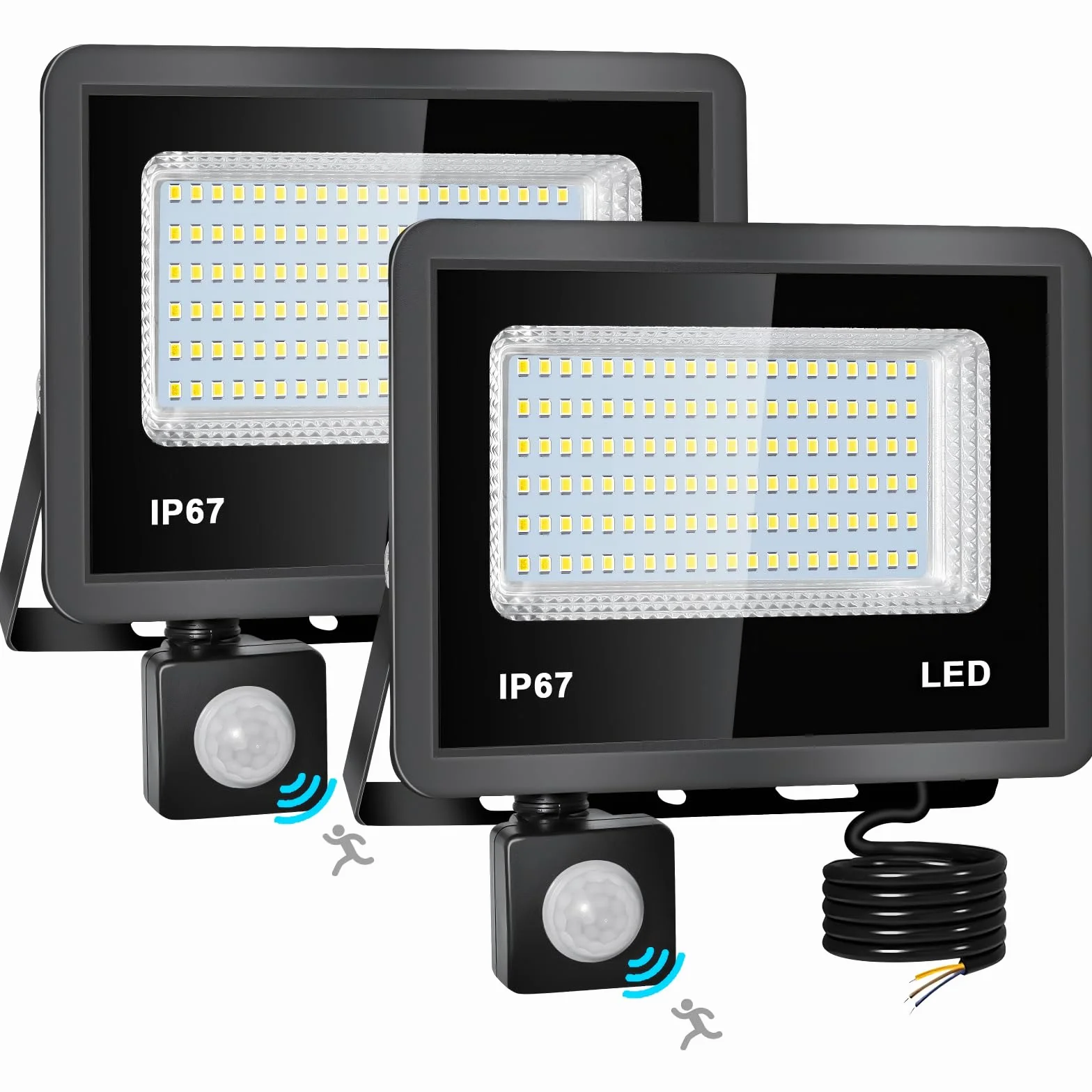 Reflektor LED 50 W z czujnikiem ruchu, do użytku na zewnątrz, 2 sztuki, 5000 lm, 6500 K, zimna biel, reflektor LED, do użytku na zewnątrz, IP67, wodoszczelny, do ogrodu, garażu, mieszkania, na