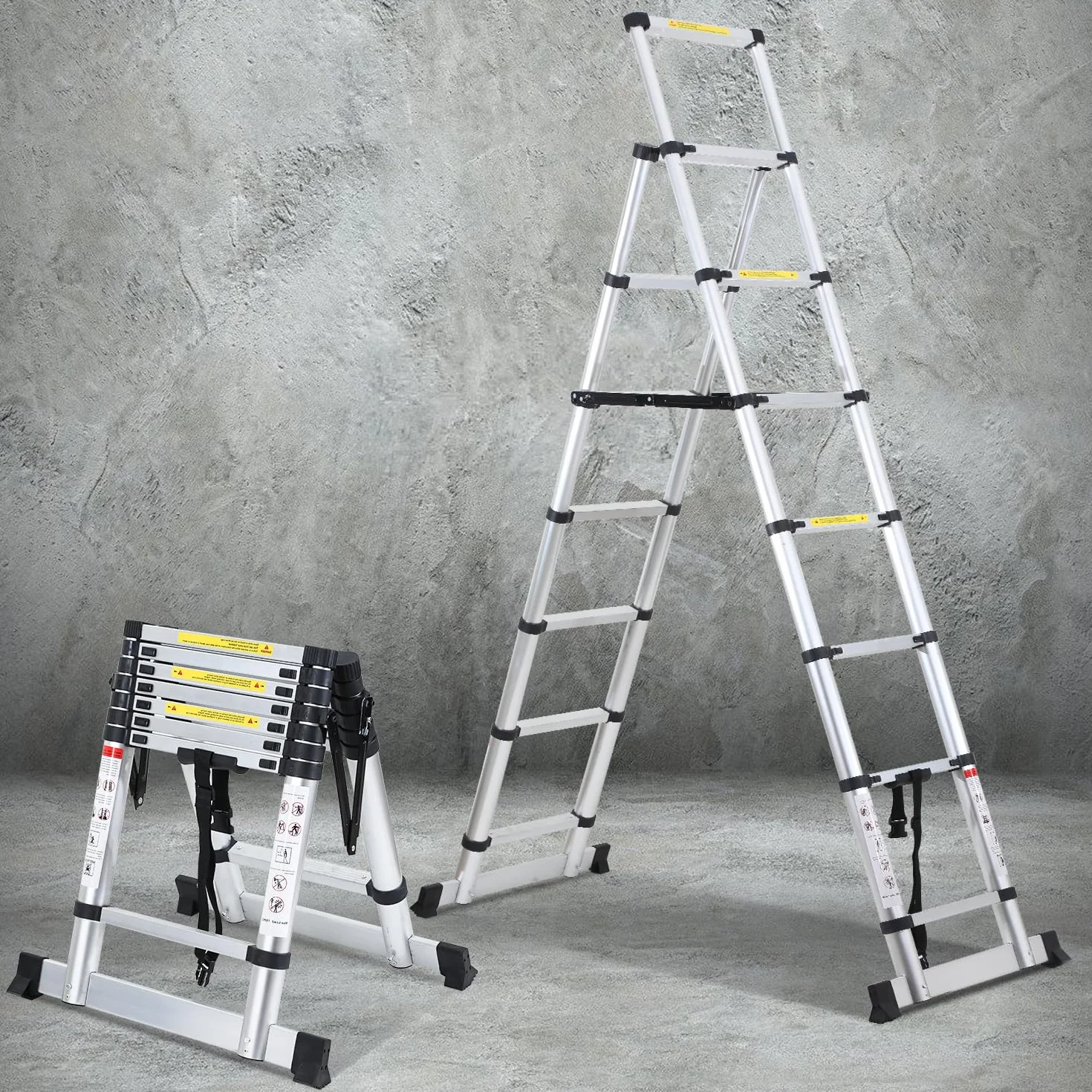 Drabina teleskopowa, składana drabina A-rama, 6 + 7 stopni, maksymalne obciążenie 150 kg, aluminiowa drabina wysuwana do naprawy dachów, składana rozmiar 69 cm
