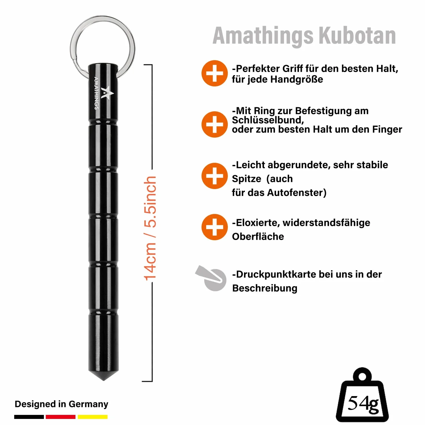 AMATHINGS 1 sztuka kubotanu w kolorze czarnym do samoobrony, breloczek do kluczy z ergonomicznym uchwytem – broń do samoobrony legalna, dla kobiet, broń obronna dla kobiet