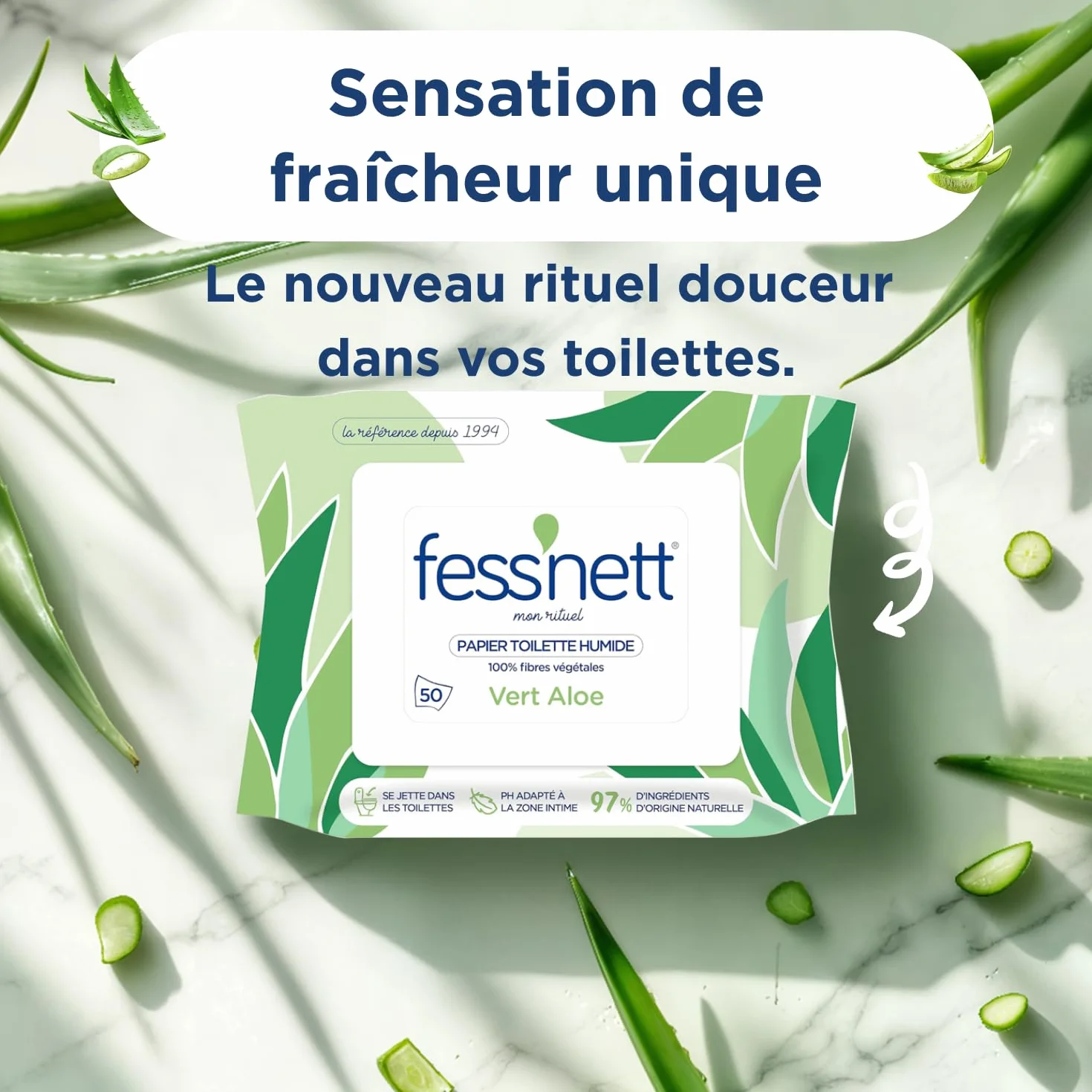 Fess'nett papier toaletowy, wilgotny, pocket, zielony, aloes, 50 sztuk – testowany dermatologicznie 0% parabenów, 0% fenoksyetanolu – do skóry normalnej