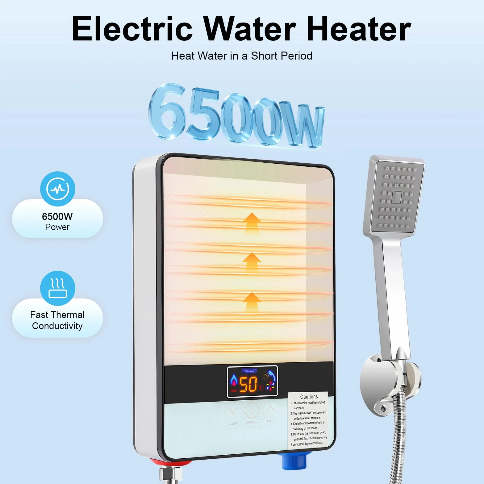 Elektryczny podgrzewacz wody, 6500 W, bezzbiornikowy podgrzewacz wody, montaż ścienny, natychmiastowy podgrzewacz wody z ekranem dotykowym LED i zestawem prysznicowym, 30-55°C, do łazienki, kuchni