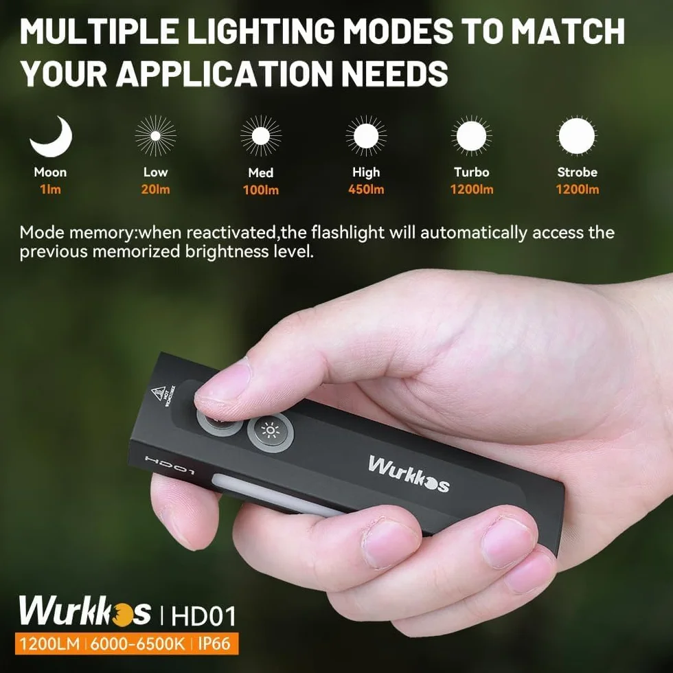 Wurkkos HD01 z akumulatorem, zielone światło, główna dioda LED do światła białego z bocznym światłem RGB, latarka przenośna o mocy 1200 lumenów z magnesem (Czarny-HD01)