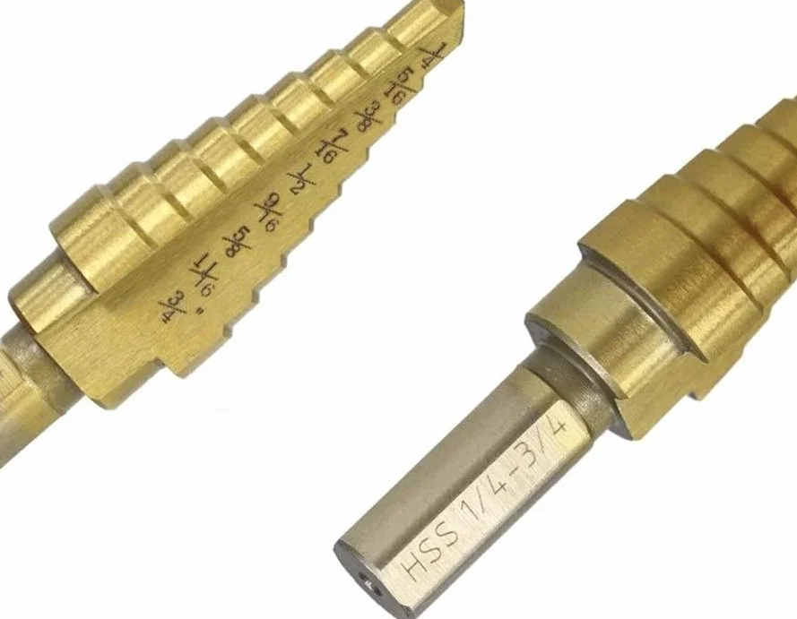 Zestaw wierteł stopniowych z rowkiem spiralnym, Wiertło stopniowe 1/8"-3/4" cala, stożkowe wiertło HSS pokryte tytanem, do wiercenia otworów w drewnie/metalu, wiertło stopniowe(No.4 1i4 3i4)