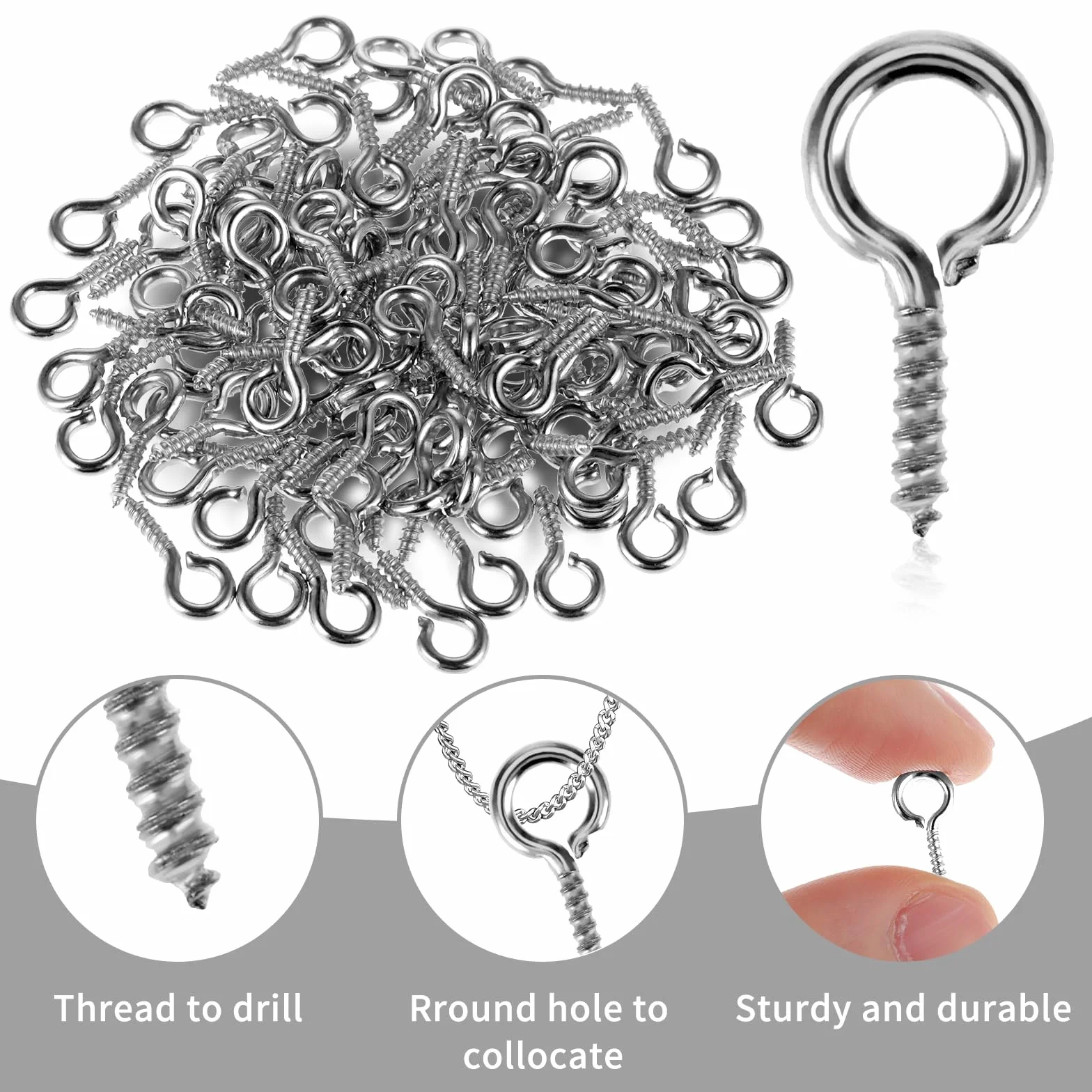 Amabro Małe oczka, mini śrubowe oczka, gwintowane metalowe oczka, oczkowe, oczkowe do produkcji biżuterii, wisiorki, koraliki, DIY, rzemiosło, 10 mm (srebrne)