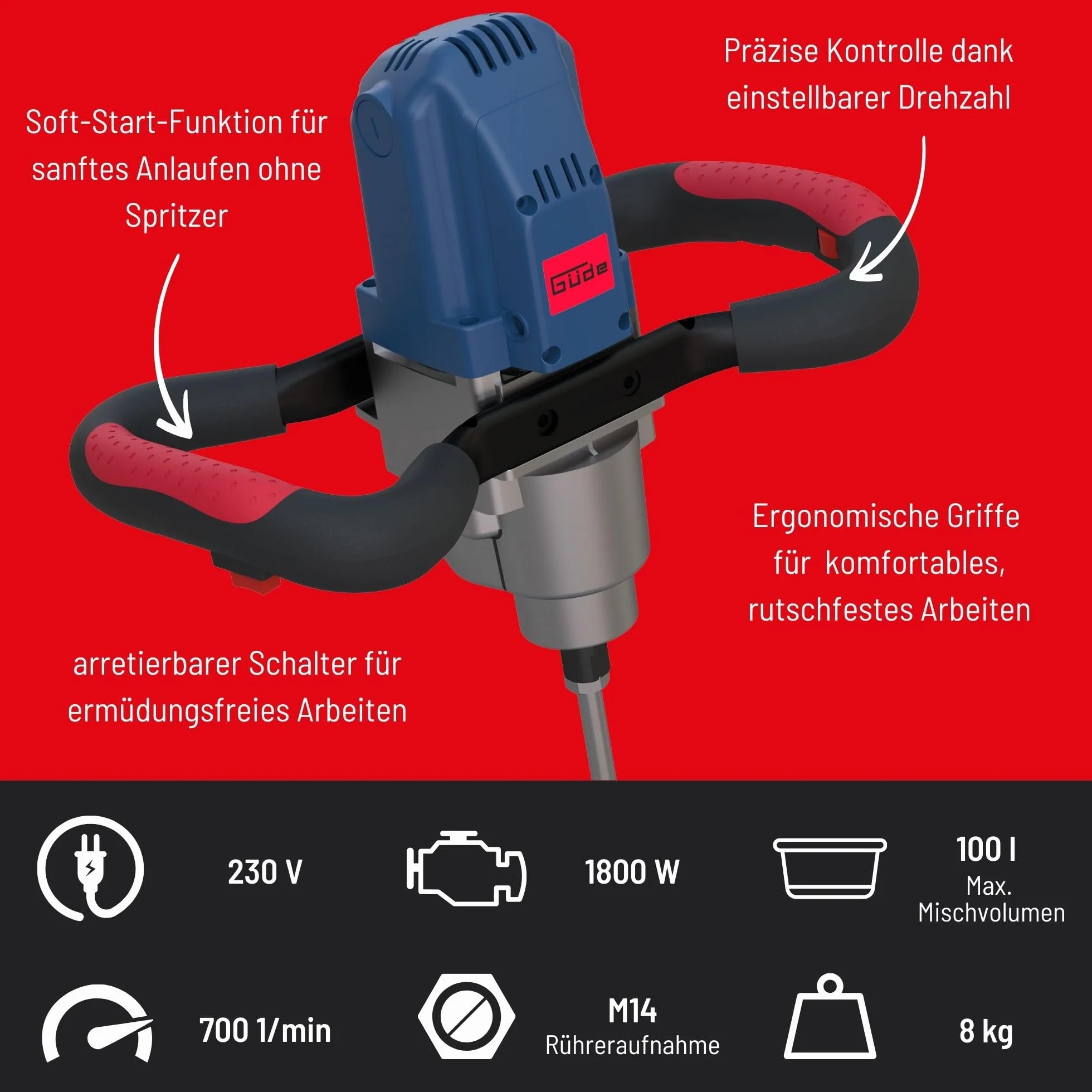 Güde GRW 1800 Mieszadło z 2-biegową przekładnią, 1800 W, 239 V, Wielokolorowy