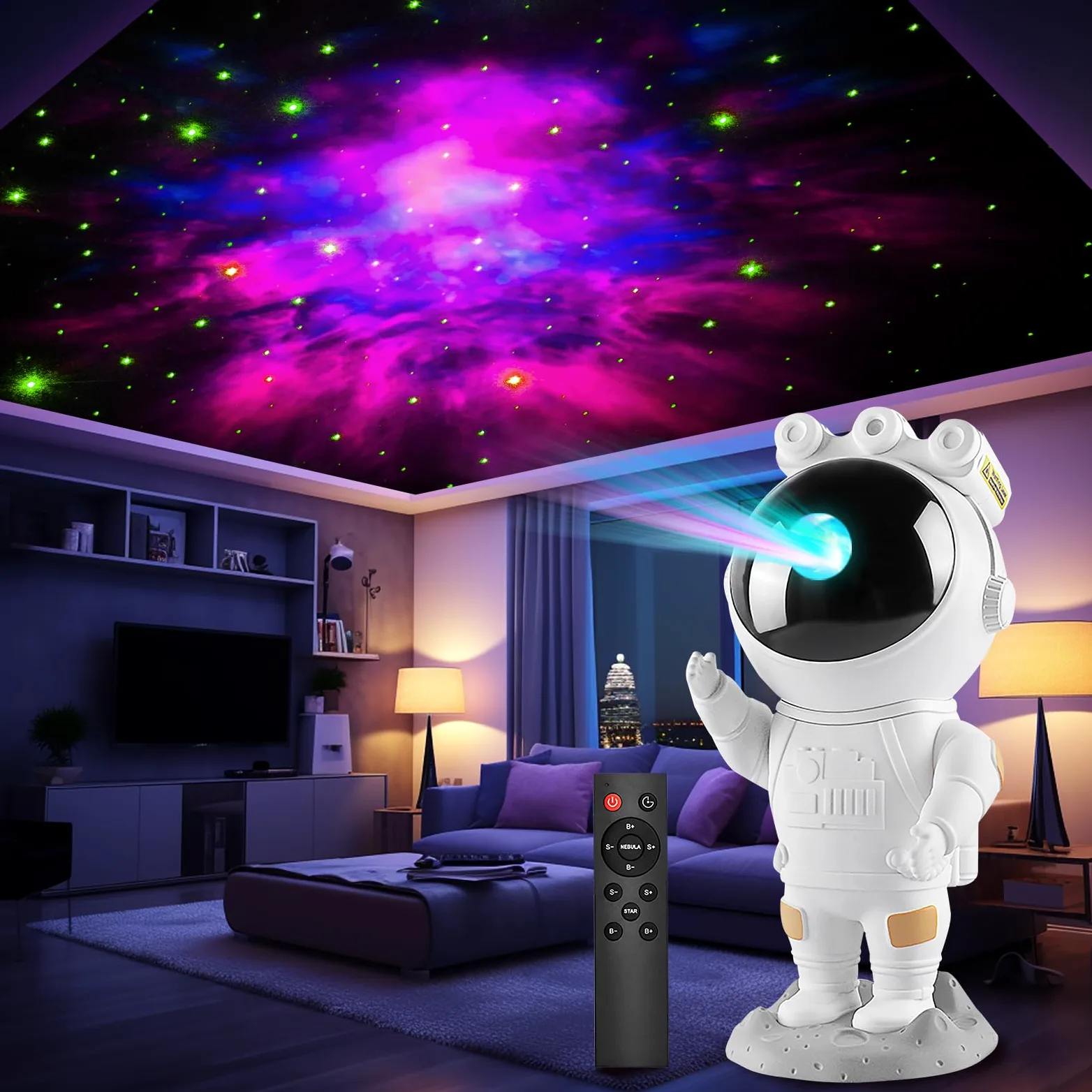 Projektor Astronauta Gwieździste Niebo, Lampka nocna z projektorem Spaceman Galaxy z wyłącznikiem czasowym i pilotem, lampa sufitowa z projektorem gwiazd do sypialni, prezent dla dzieci i dorosłych