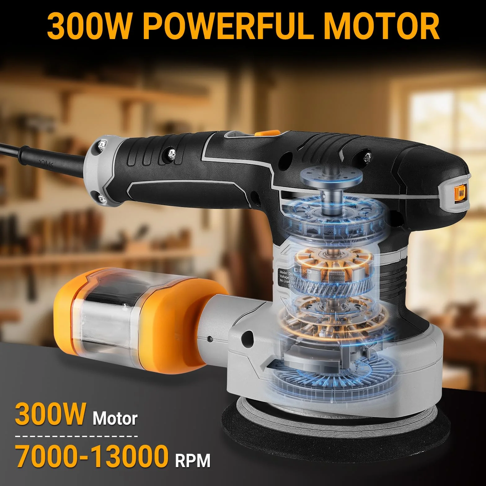 DEKOPRO szlifierka mimośrodowa, 125 mm, szlifierka oscylacyjna 3 w 1-6 Speed Electric do drewna, z 15 szt. papieru ściernego (kolor szary)