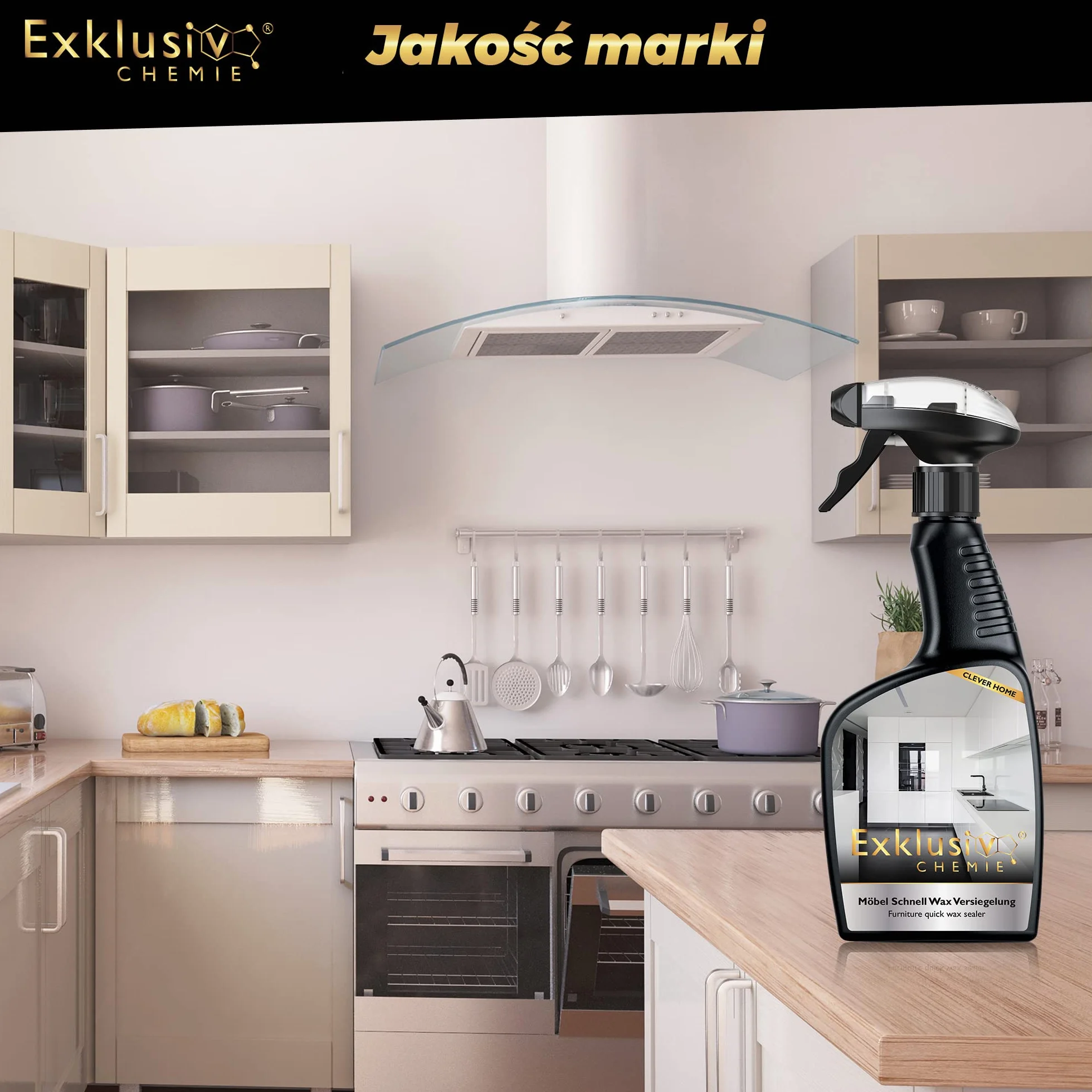Exklusiv Chemie® Środek do czyszczenia frontów na wysoki połysk | Pielęgnacja i lakierowanie mebli na wysoki połysk | Lakier do mebli | Drewno fornirowane, powierzchnie lakierowane, kuchnie, drzwi, lakier fortepianowy | 0,5 l | Do drewna fornirowanego, po