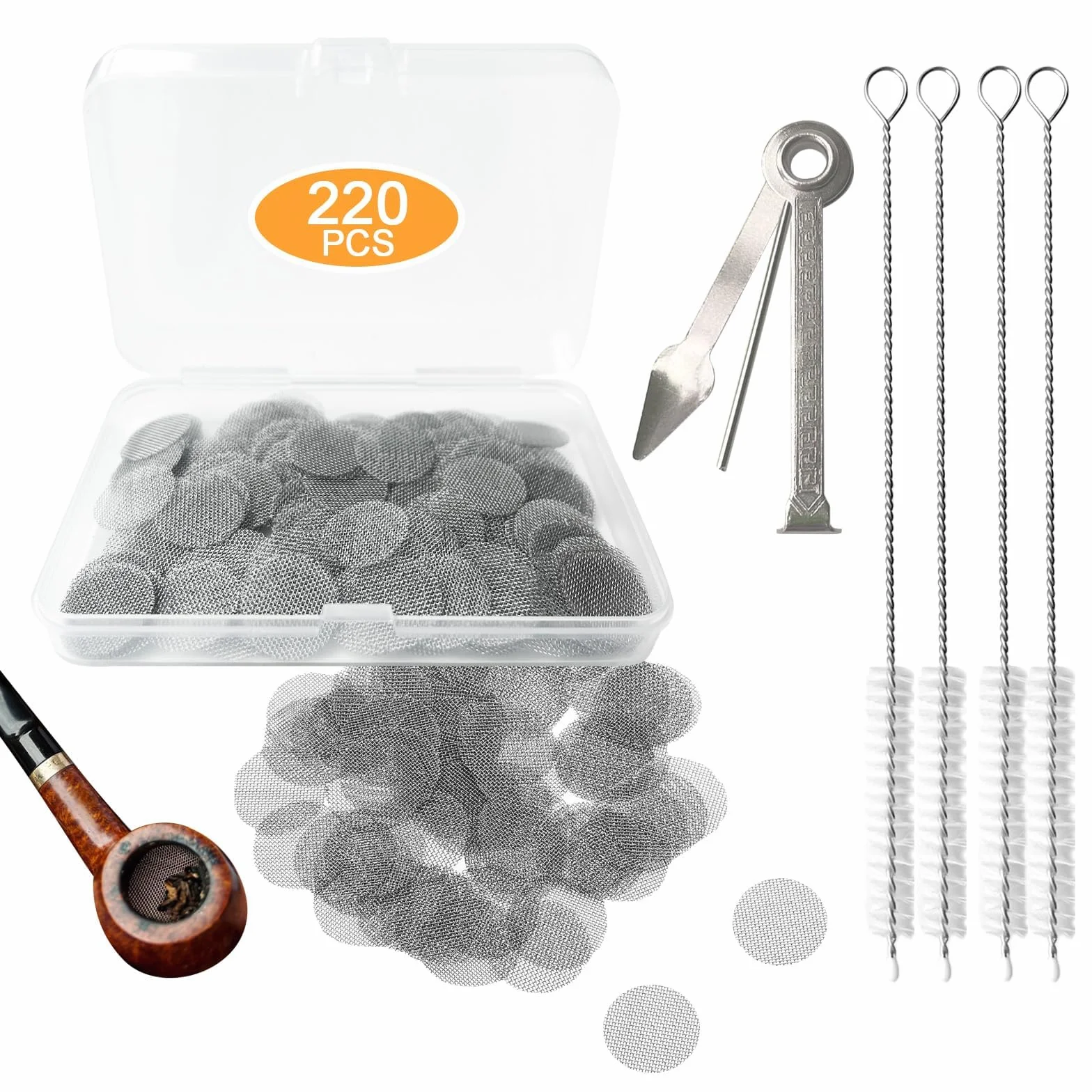 220 sztuk sitka do fajki 15 mm, stal nierdzewna, filtr dymu, fajka metalowa, sitko wkładane grube, z pudełkiem do przechowywania, skrobak do fajek 3 w 1 i 4 czyściki do fajek