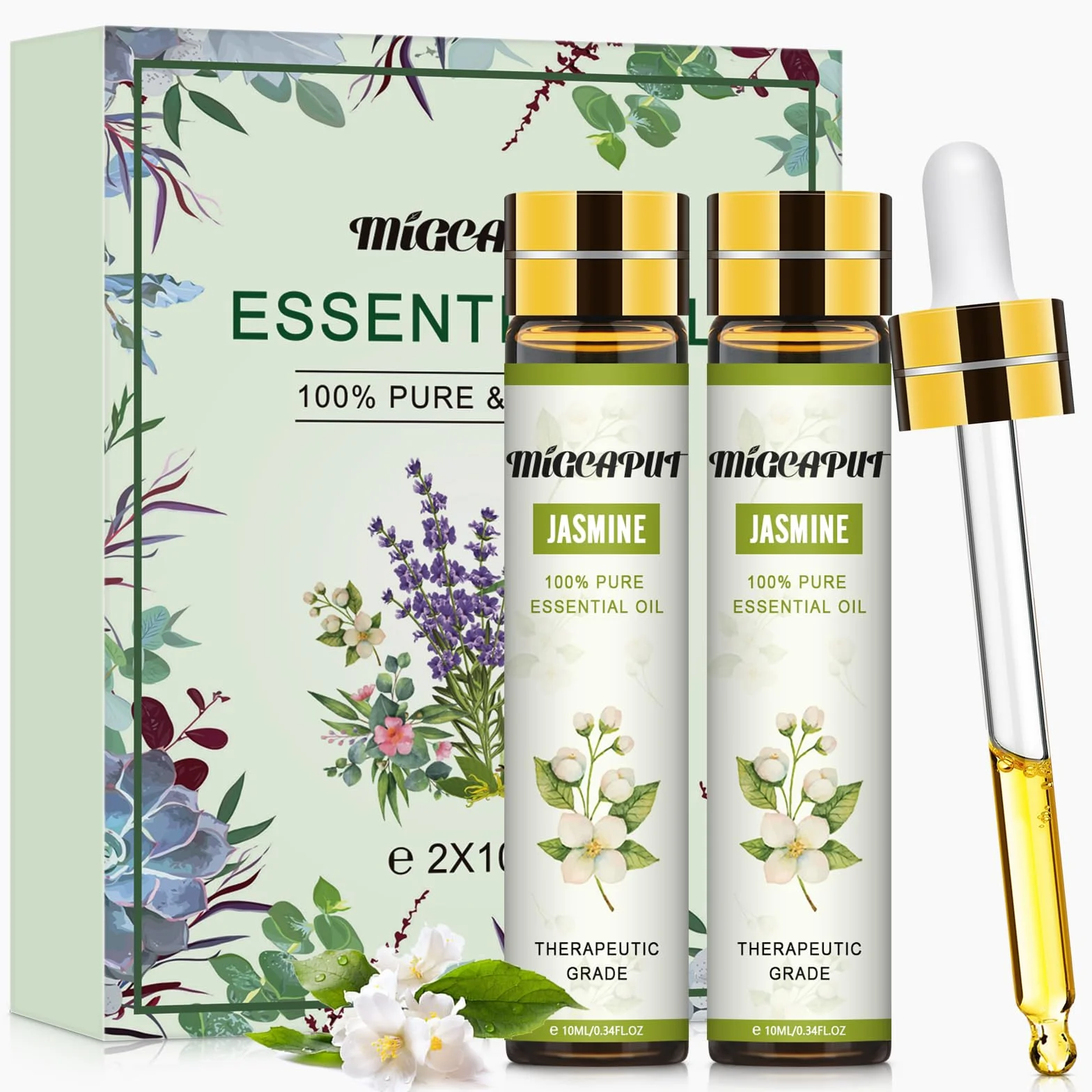 MIGCAPUT Zestaw Olejków Eterycznych Jaśminowy 2 x 10ML, 100% Naturalne Olejki Eteryczne do Aromaterapii, Olejek Jaśminowy Klasy Terapeutycznej do Dyfuzora Nawilżacza, SPA, Masażu, Snu, Mydła