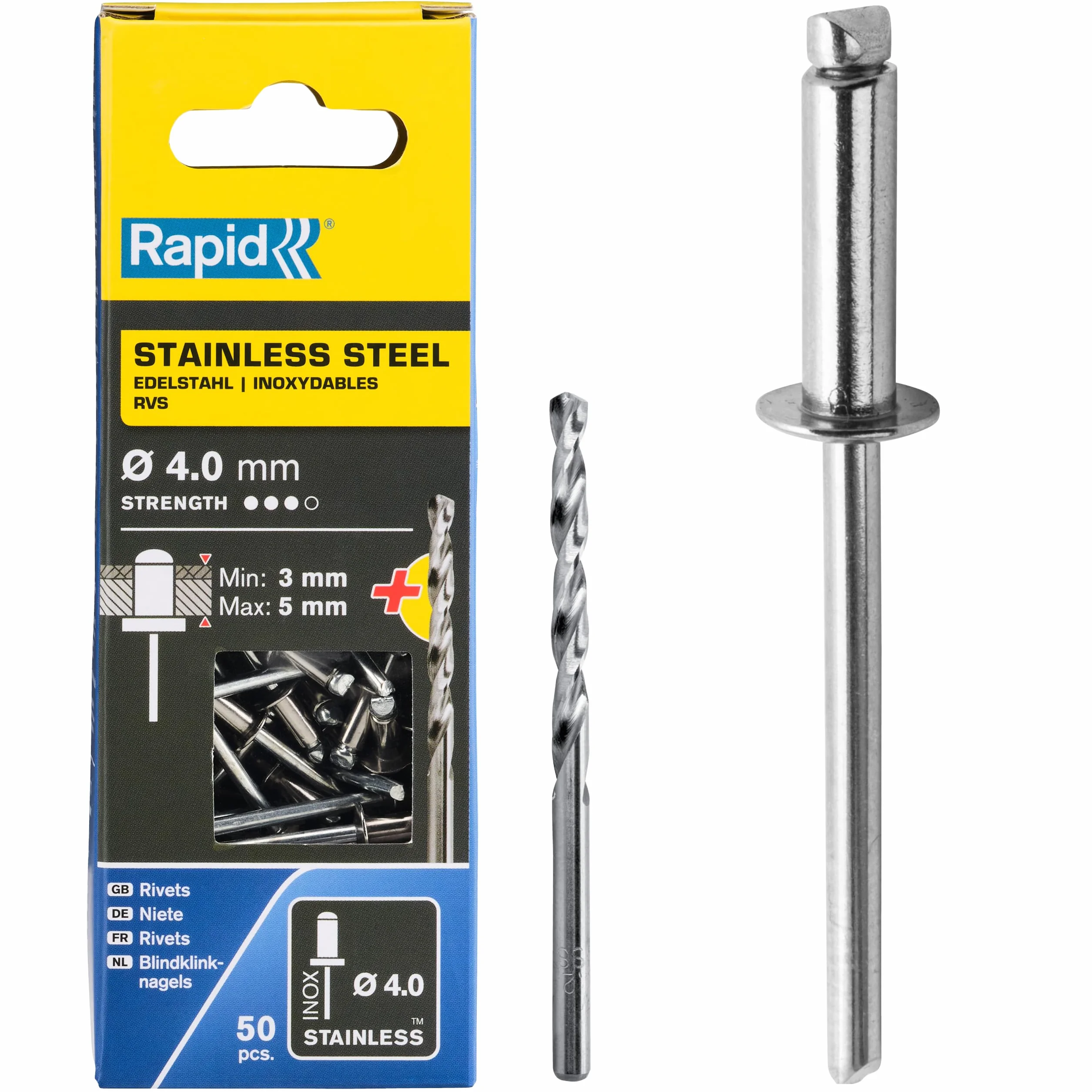 Rapid, Wysokowydajne Nity ze Stali Nierdzewnej Ø4 × 6 mm, do Tablic Rejestracyjnych, Błotników, Pokryć Metalowych i Blach, W Zestawie Wiertło, 50 Sztuk, Pudełko Kartonowe (5001460)