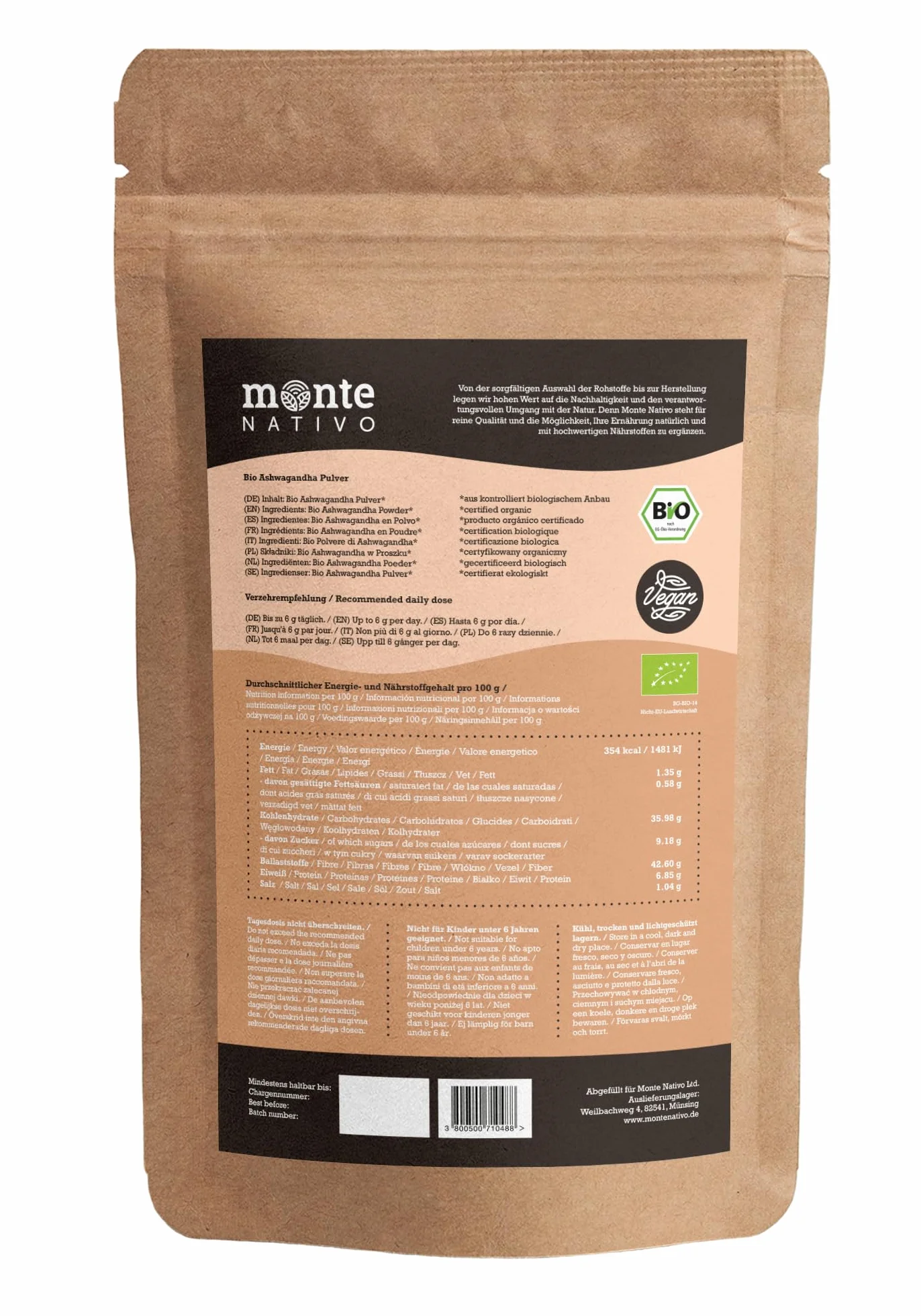 Organiczny Proszek z Witani Ospałej firmy Monte Nativo - 700g Najwyższa jakość - Proszek ze zmielonego korzenia - Żeń-szeń indyjski - Zimowa wiśnia - Withania Somnifera - Certyfikat Ekologiczny - z Indii - Testowany Laboratoryjnie