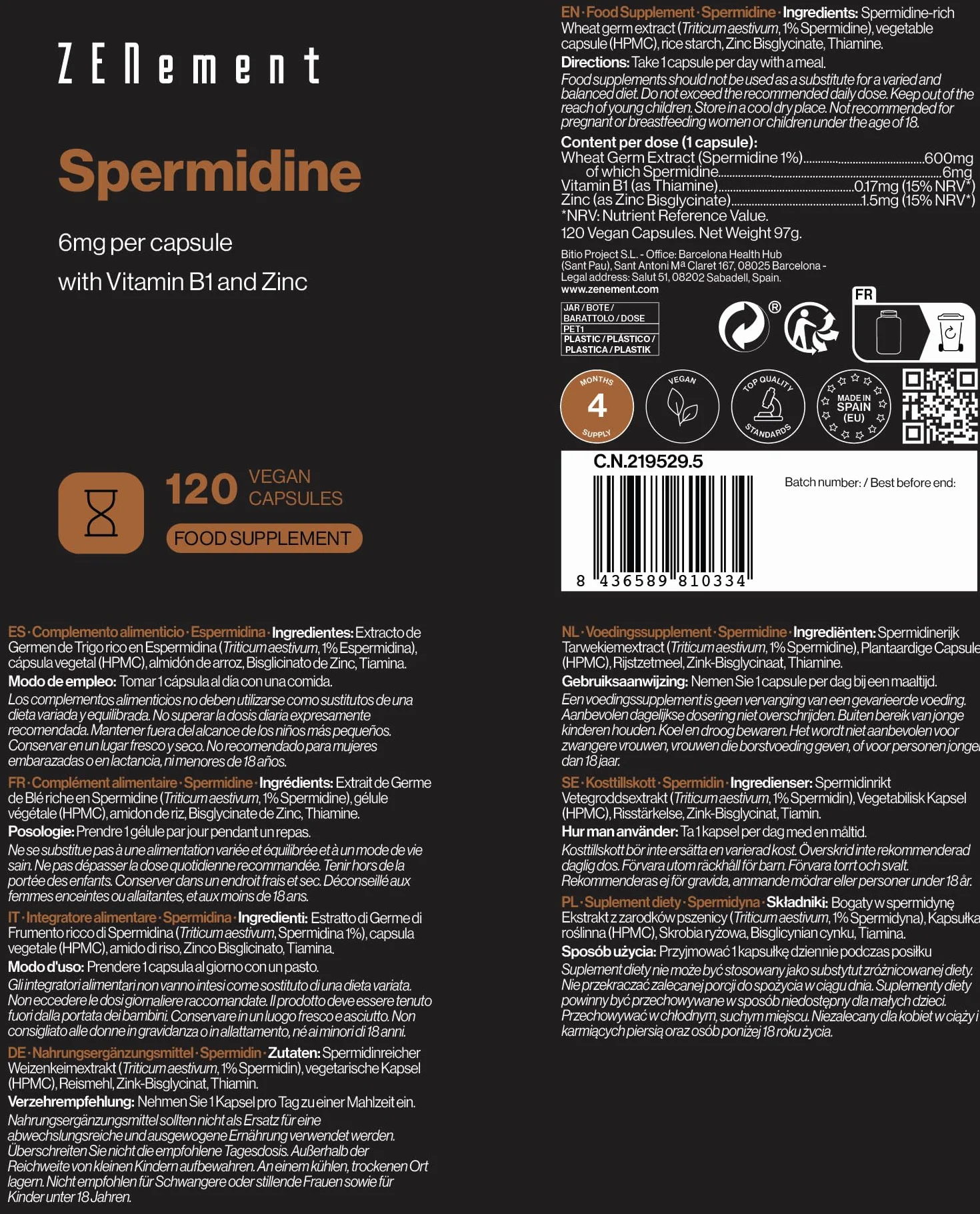Spermidyna 6 mg z witaminą B1 i cynkiem 120 kapsułek Zenement