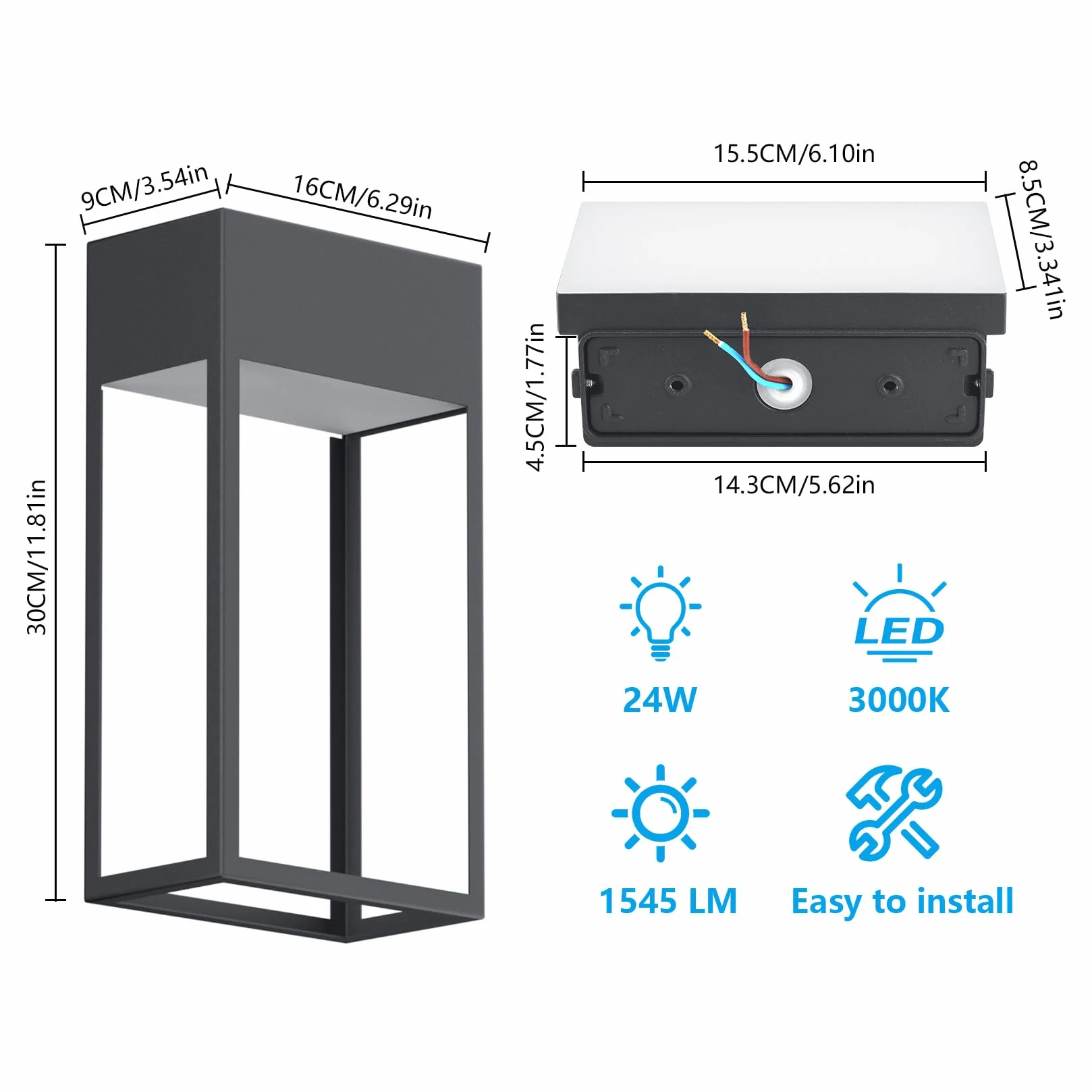 Klighten 24 W LED kinkiet zewnętrzny, 3000K kinkiet, IP65 nowoczesna lampa ścienna aluminiowa, do ogrodu/tarasu/patio, 1545LM, ciepła biel, antracyt