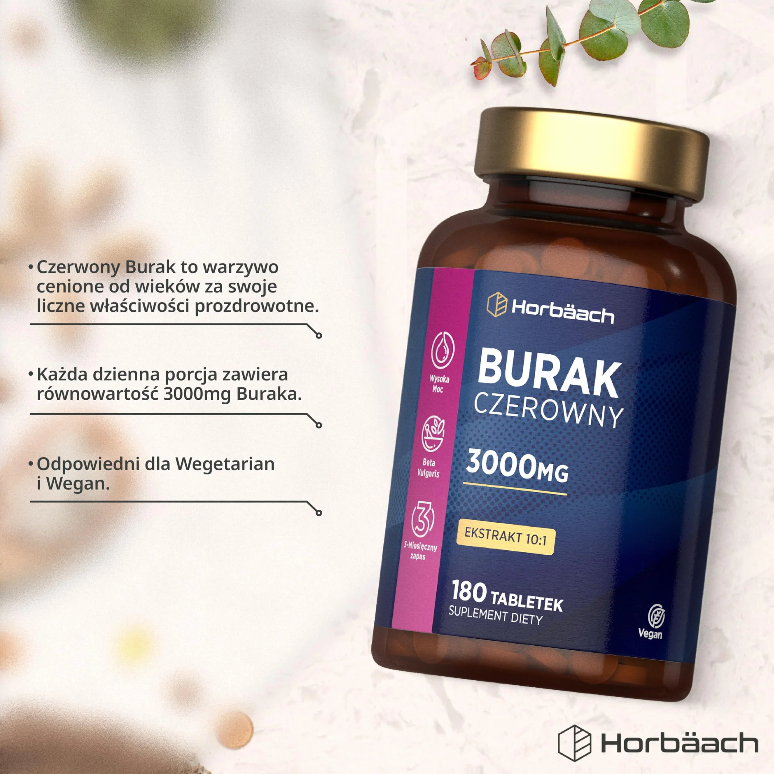 Burak Tabletki 3000mg Ekstrakt 10:1 Suplement Horbaach 180 Tabletek Wegańskich