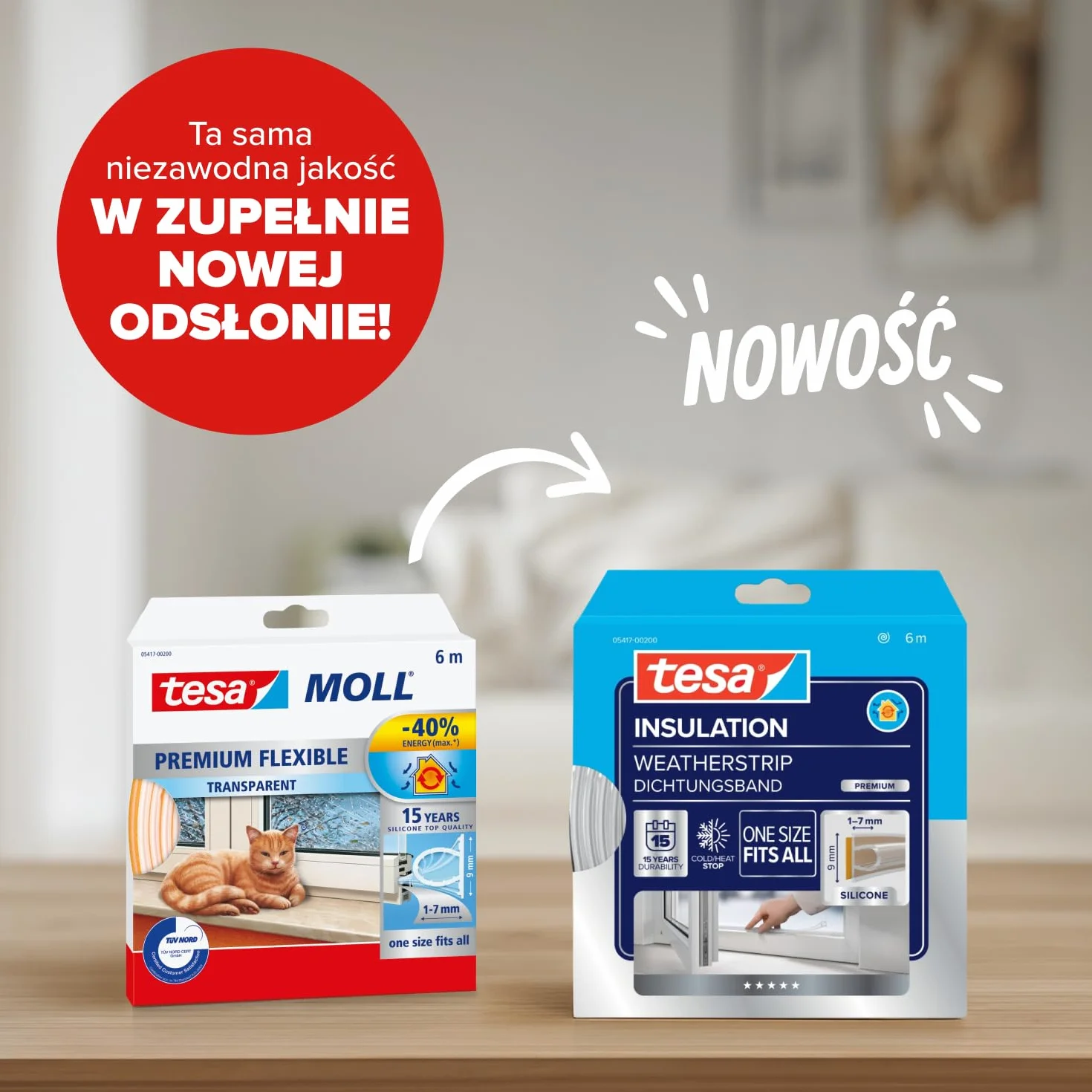 tesa INSULATION Premium taśma uszczelniająca - Samoprzylepna silikonowa uszczelka do izolacji szczelin w oknach i drzwiach - Przezroczysta - 6 m x 9 mm x 7 mm