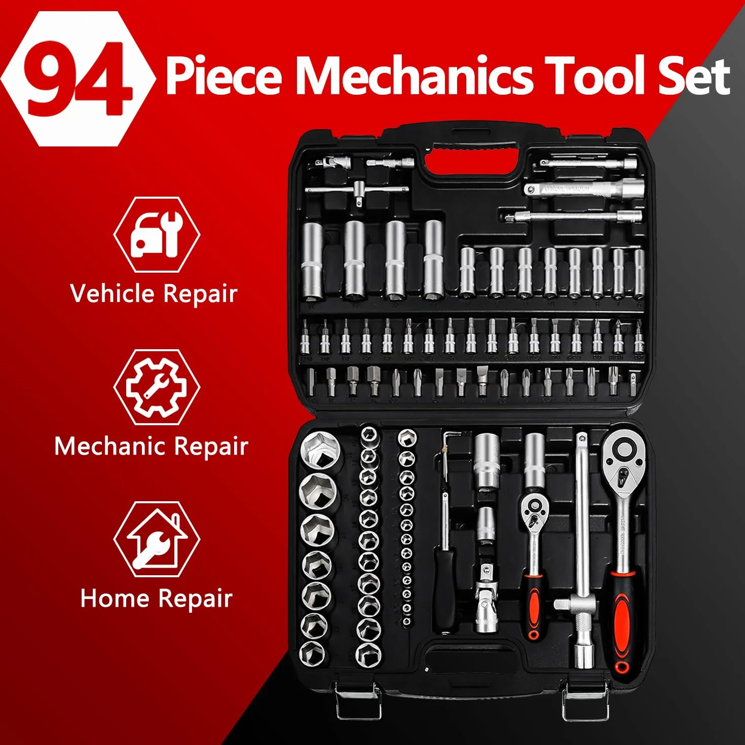 94 szt. klucz do gniazda wtykowego Standard (Sae) And Metric 1/4, 3/8 And 1/2 Drive Socket Set, Extension Bars, Sockets, Quick Release Reversible Ratchet, Fit For Diy Car Motorcycle Repair, Plastic