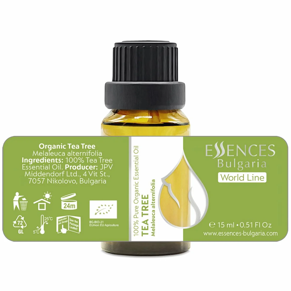 Essences Bułgaria Organiczny Olejek Eteryczny z Drzewa Herbacianego 15ml | Melaleuca alternifolia | 100% Czysty i Naturalny | Nierozcieńczony | Klasa Terapeutyczna | Aromaterapia | Kosmetyki | Bez GMO