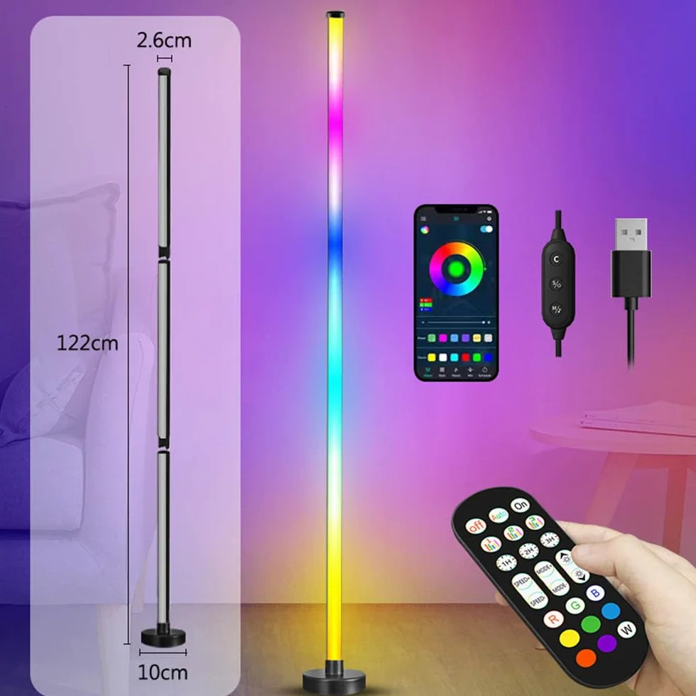 Zestaw 2 lamp stojących LED RGB, możliwość ściemniania, 120 cm, lampa narożna ze sterowaniem za pomocą aplikacji i pilotem zdalnego sterowania, synchronizacja muzyki i tryb DIY, nowoczesna