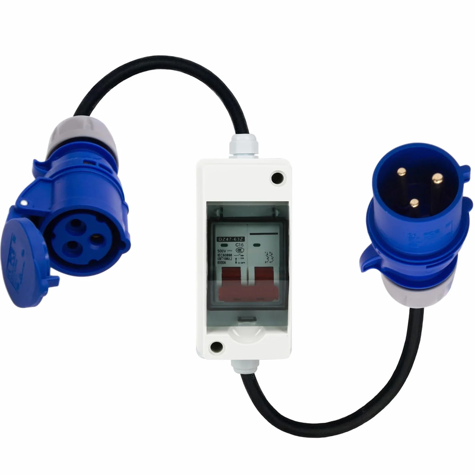CEE Adapter 32 A na 16 A, 3P z falownikiem fazowym, CEE, adapter prądu silnego 32 A, wtyczka do złącza 16 A, z wyłącznikiem nadmiarowym, przedłużony kabel (niebieski)