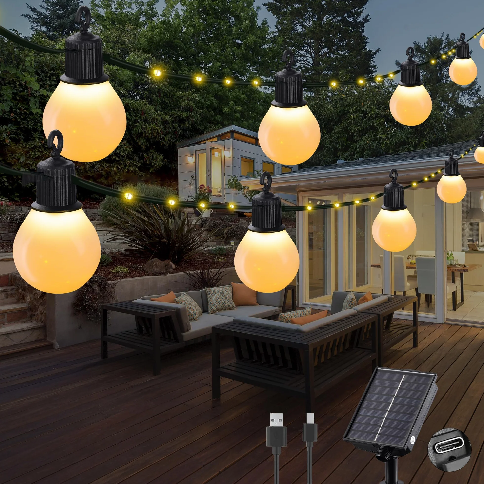 Tacobey Solarny łańcuch świetlny na zewnątrz, ciepła biel, z 20 żarówkami G40 - 10 m, 100 diod LED, solarne oświetlenie świąteczne na zewnątrz, do ogrodu, możliwość ładowania przez USB, 8 trybów
