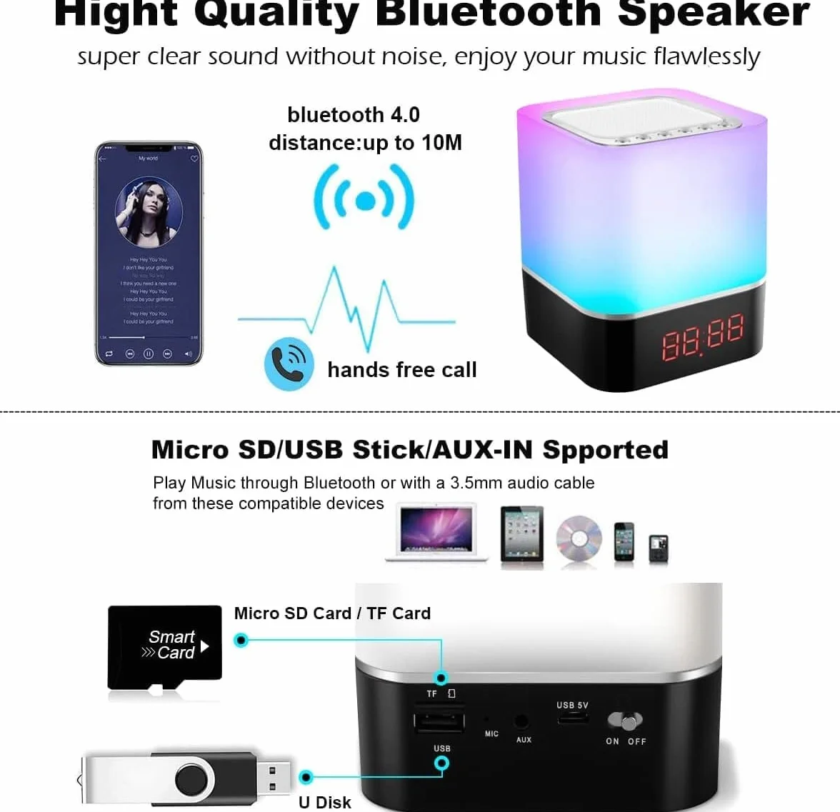 Głośnik Bluetooth 5 w 1 ze światłem, budzik świetlny RGB, zmiana kolorów, lampka nocna, dotykowa, ściemniana, budzik cyfrowy z USB, zestaw głośnomówiący, odtwarzacz MP3, fajne rzeczy dla