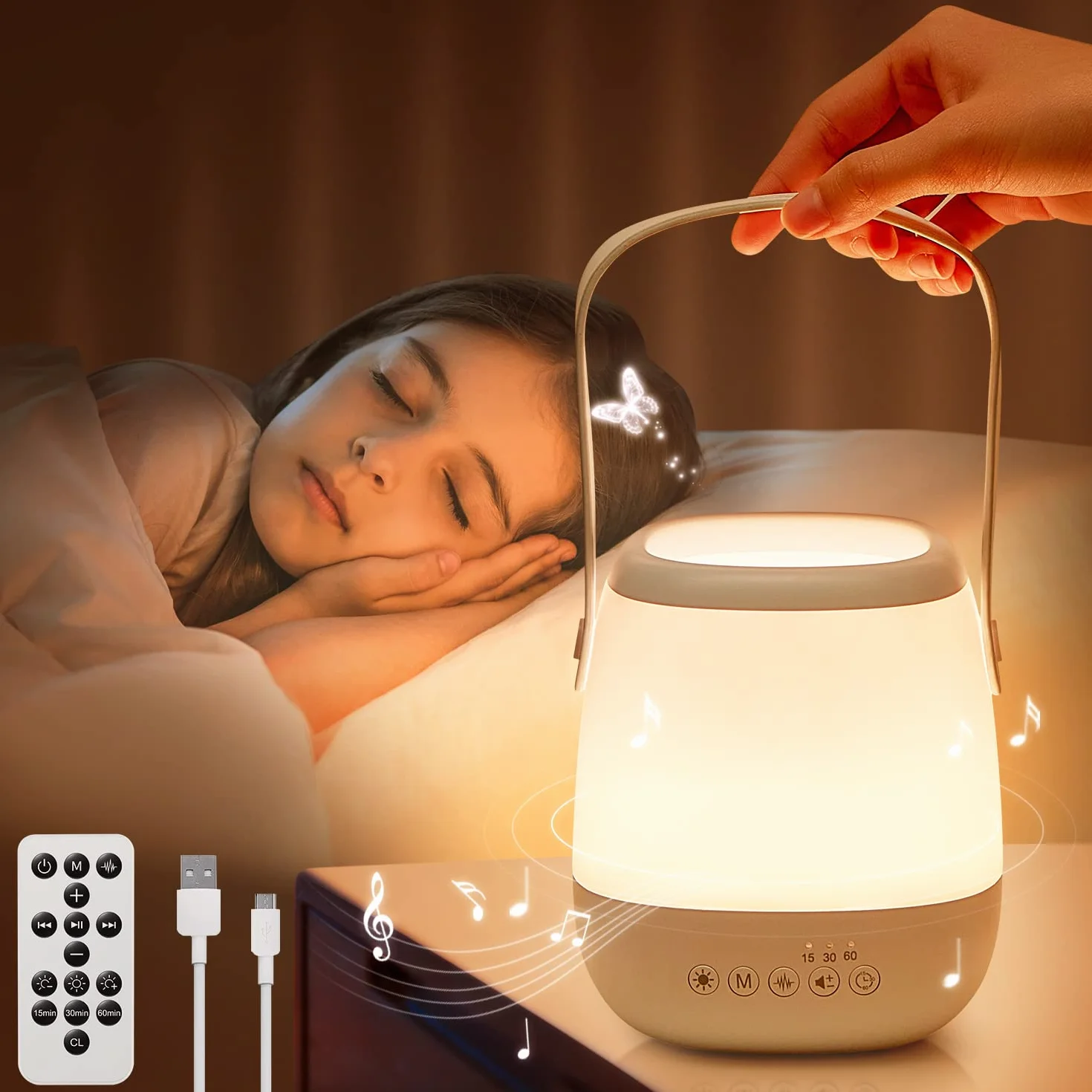 One Fire Lampka nocna dla niemowląt z funkcją ściemniania, 12 dźwiękami, 16 kolorami + automatyczny timer, pomoc w zasypianiu