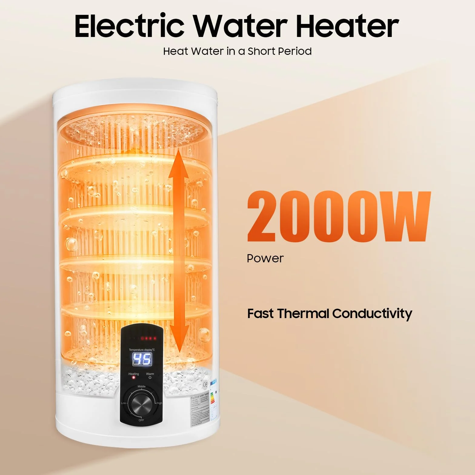 Bojler 50 l, 2 kW, energooszczędny elektryczny podgrzewacz wody 77-167 ℃, z cyfrowym panelem sterowania, zestaw z kranem, słuchawką prysznicową, G1/2
