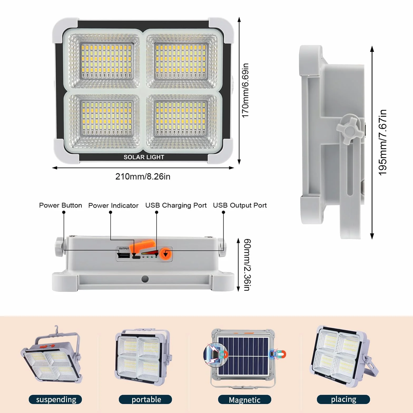 150W Solarna Lampa Robocza Reflektor LED,Fosingut Przenośna USB ładowalna Słoneczna Światło,Magnetyczny/5 Tryby/288LED/11000mAh IP66 Wodoodporne Reflektor Budowlany LED do Kempingu,Wędkowania,Awaryjne