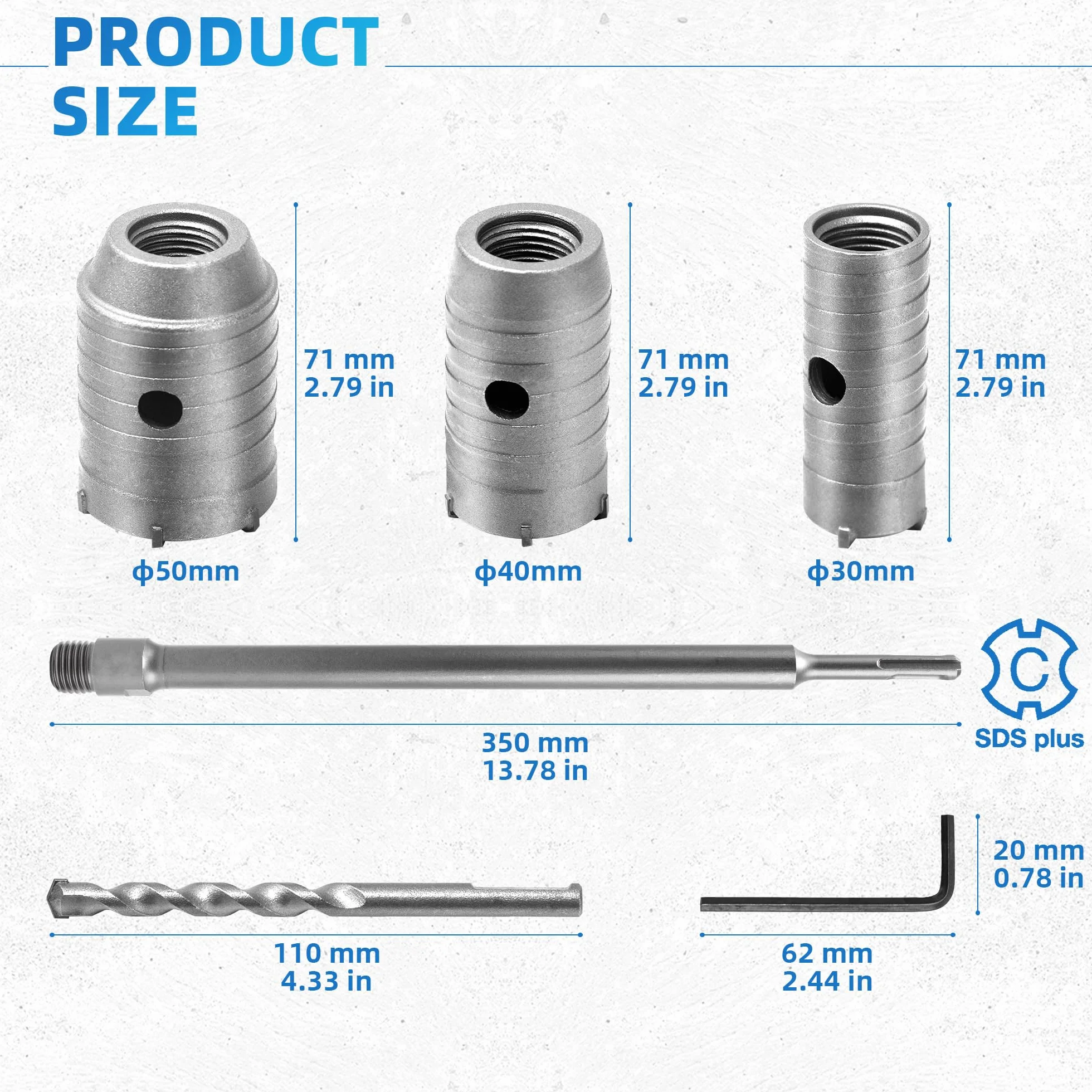 Otwornica do Betonu Wiertło Rdzeniowe 30 mm 40 mm 50 mm z Wiertłem Centrującym Adapter Przedłużający SDS-Plus 350 mm