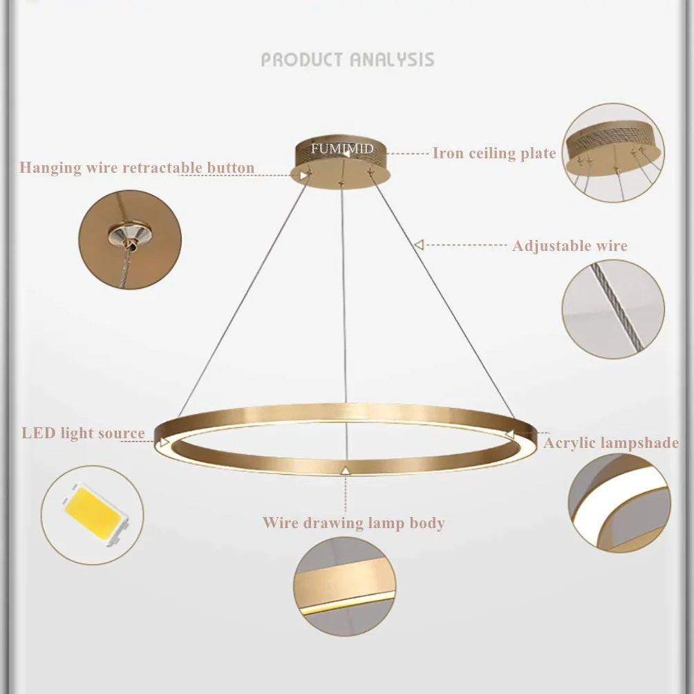 Lampa wisząca LED, do salonu, z żyrandolem, nowoczesna, do jadalni, okrągła, z aluminium, akrylu, lampa sufitowa, złota, 1 okrąg, 60 cm