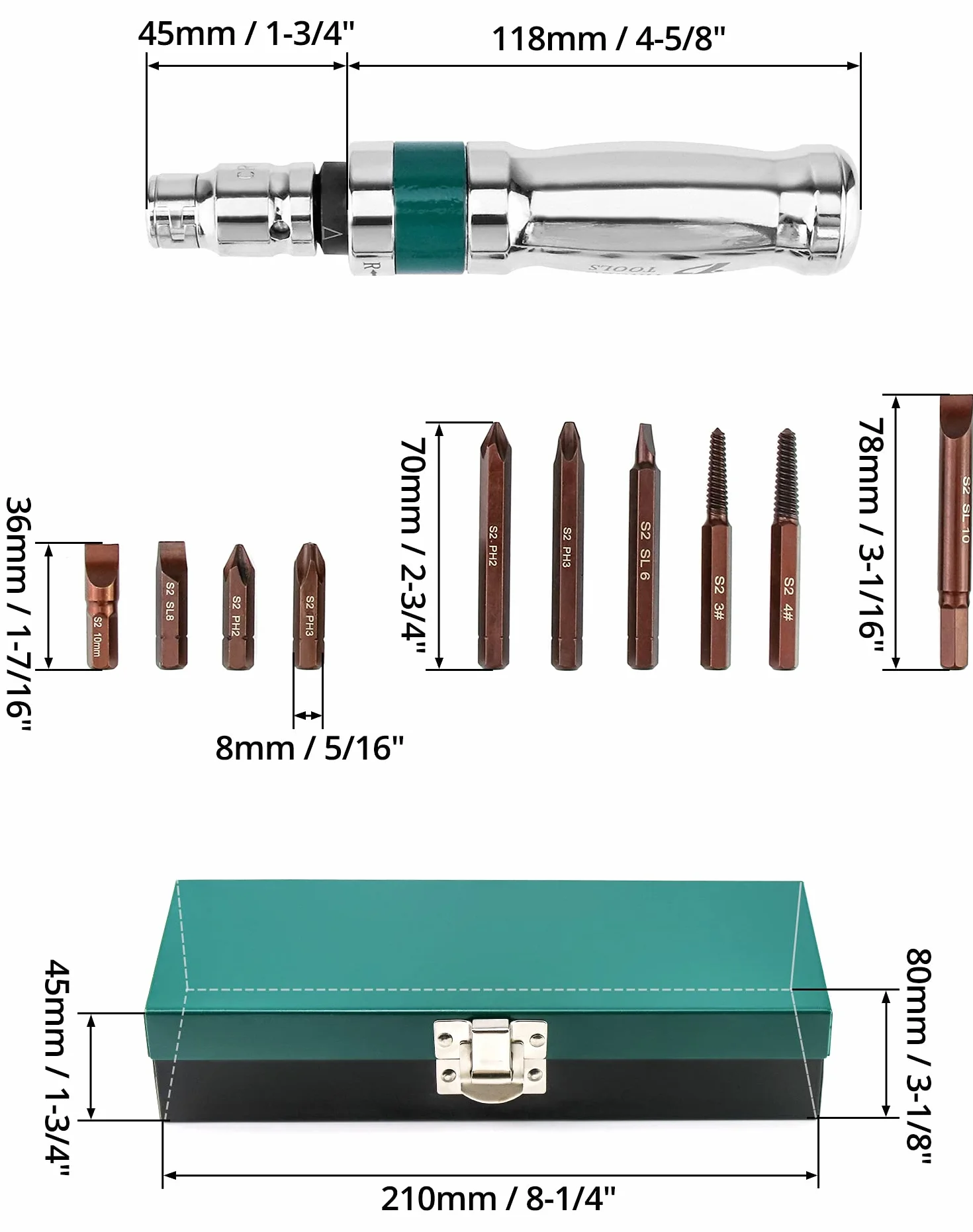 QWORK® Zestaw ręcznych kluczy udarowych, wkrętak udarowy + adapter + bity, 12szt, 1/2"