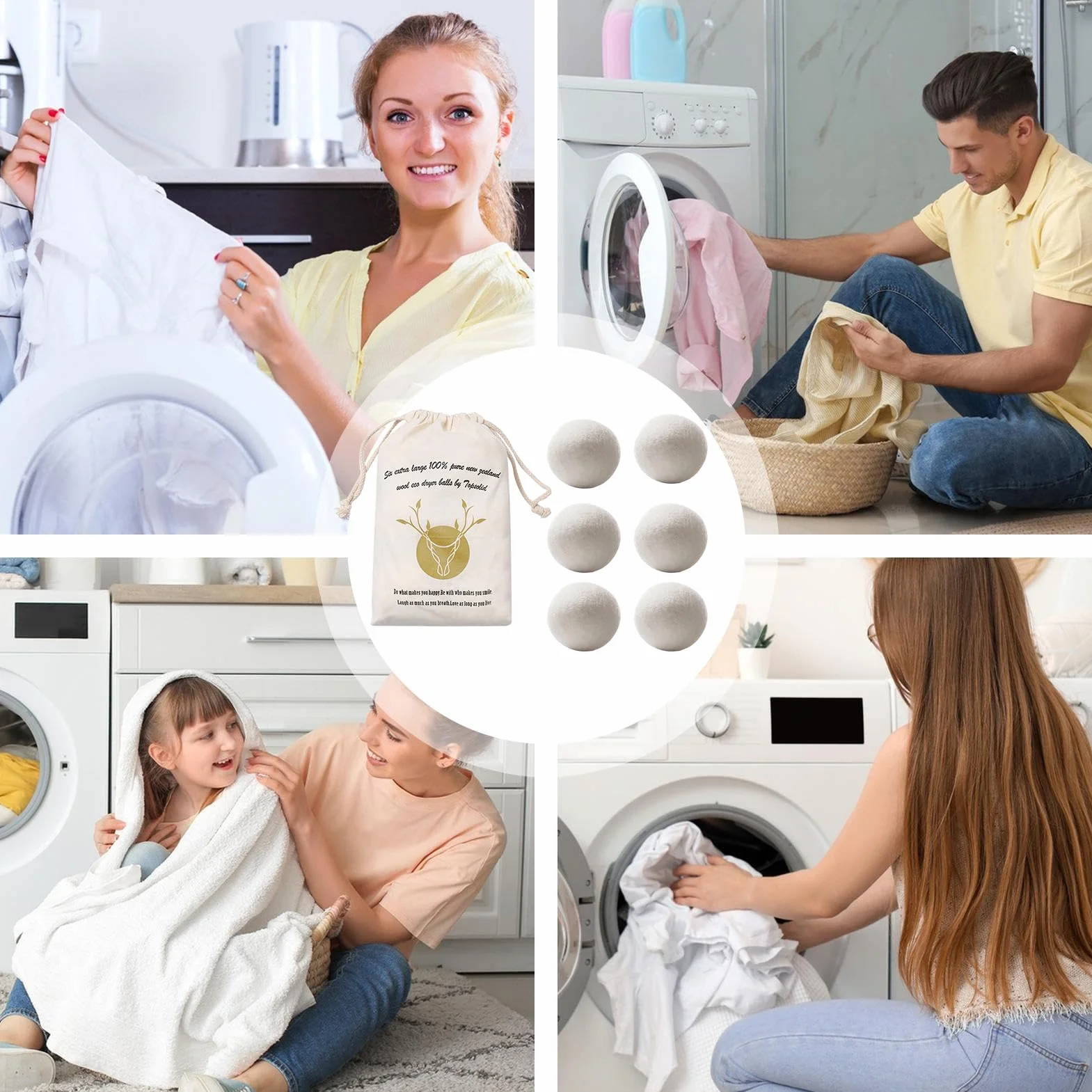 Wool Dryer Ball, Fabric Softener Alternative, 6cm/2.36 Inches in Diameter Reduction, Fresh and Gentle on the Skin Quick-Drying Aid, Set of 6, for Laundry Accessories Wool