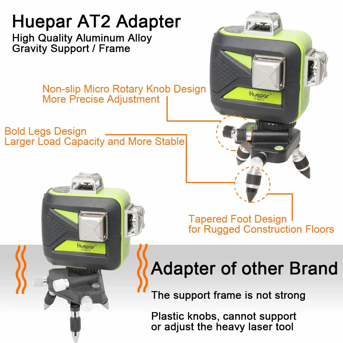 Huepar AT2 360° Adapter Drehbarer Einstellbarer Stativanschluss für Kreuzlinienlaser, mit 1/4"-20 Außengewinde und Horizontaler Blase, Manuell betriebenes Mikro - Feineinstellbare Drehbasis Einstellen