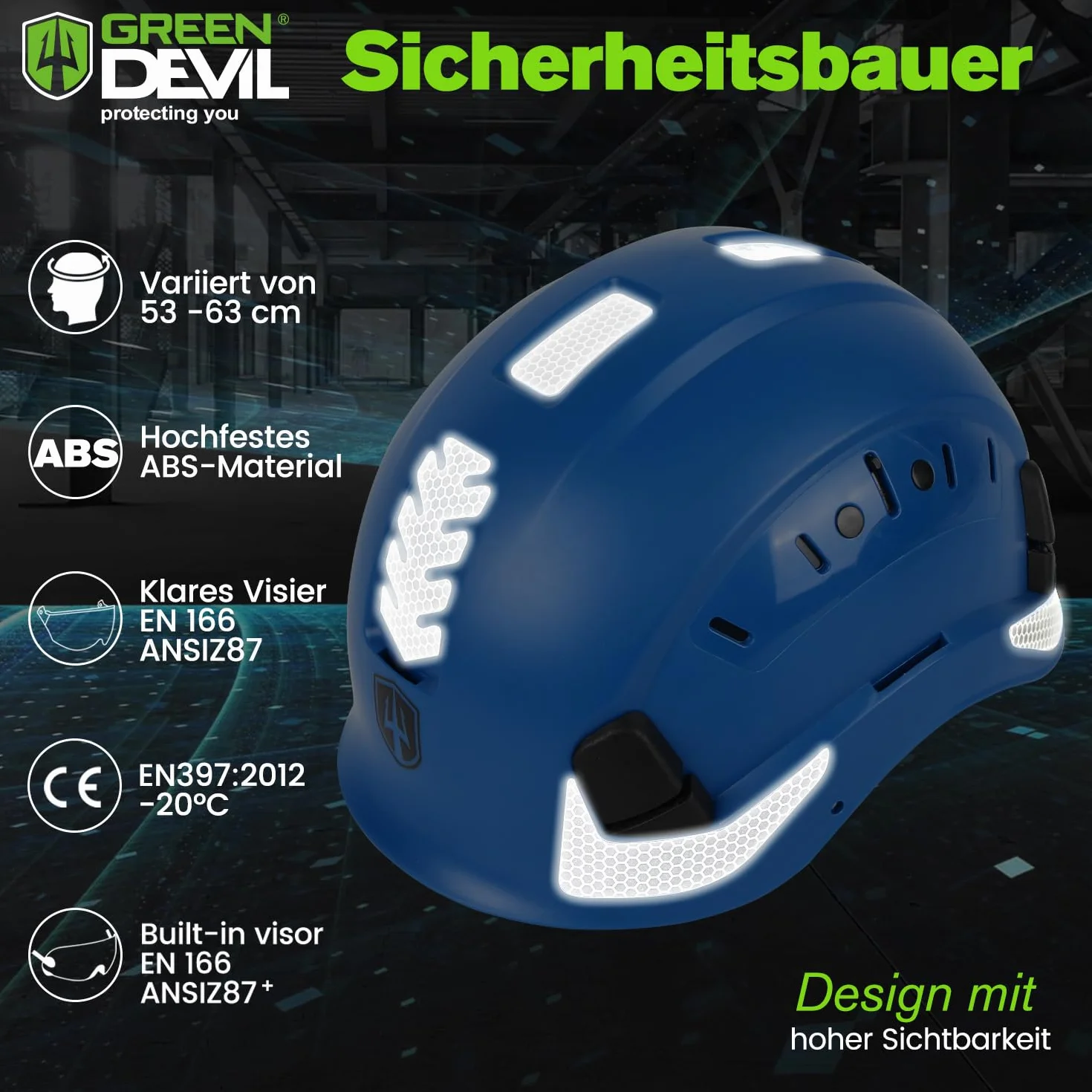 GREEN DEVIL kask ochronny EN397 EN166 z podwójnym wizjerem wentylowany