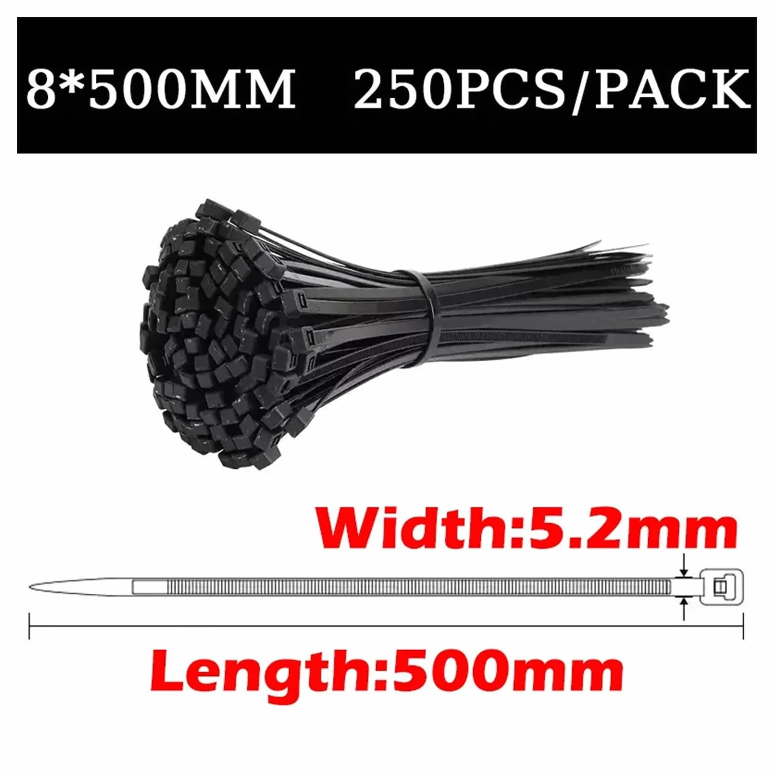 Czarne opaski kablowe wielokrotnego użytku, wielofunkcyjne mocowanie(5.2x500mm)