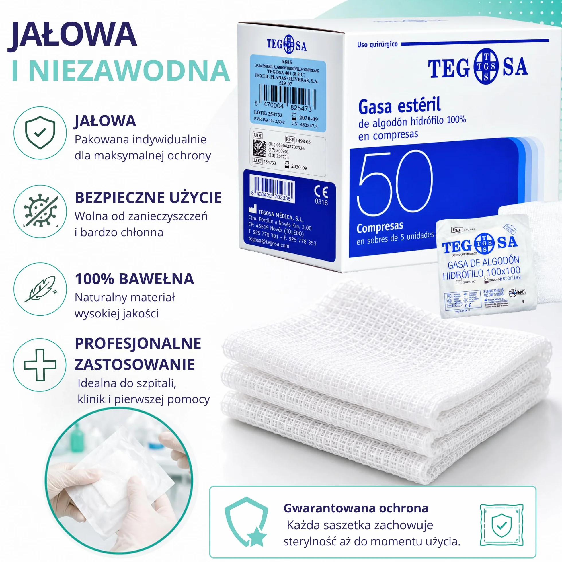 Kompresy Sterylne z Gazy 8x6 cm 50 szt. 8-warstwowa Bawełniana Jałowa Wyrób Medyczny