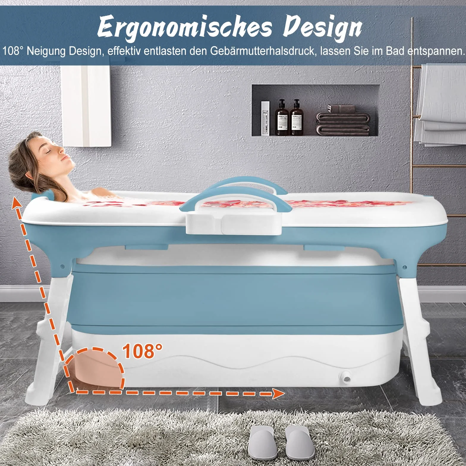 Składana wanna dla dorosłych, 118 x 62 x 52 cm, składana, z pokrywą, rolkami do masażu i koszem na mydło – mobilna do małych łazienek i SPA