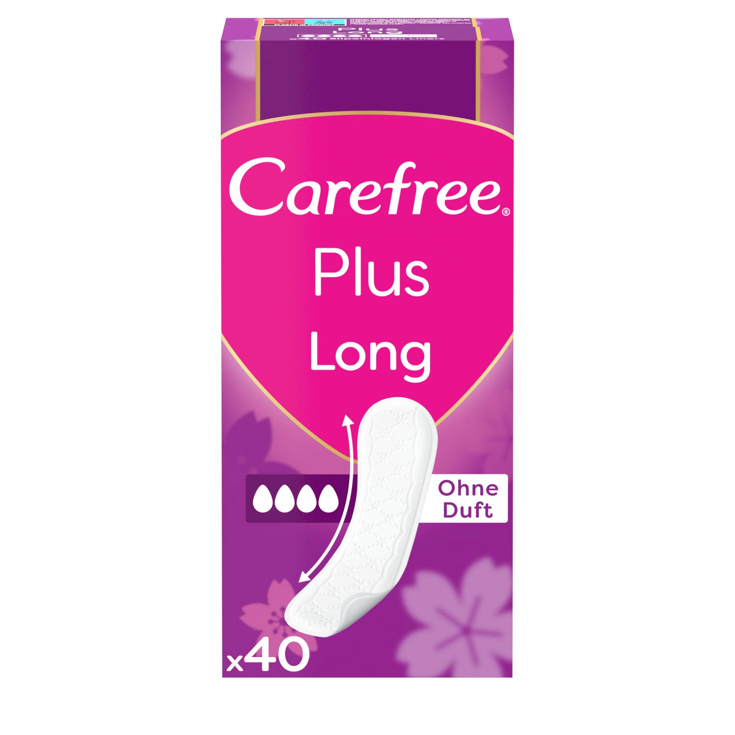 CAREFREE Wkładki higieniczne Plus Long perfumowane (5 x 40 sztuk), super chłonne, aby natychmiast zatrzymać płyny, rozmiar Plus Long