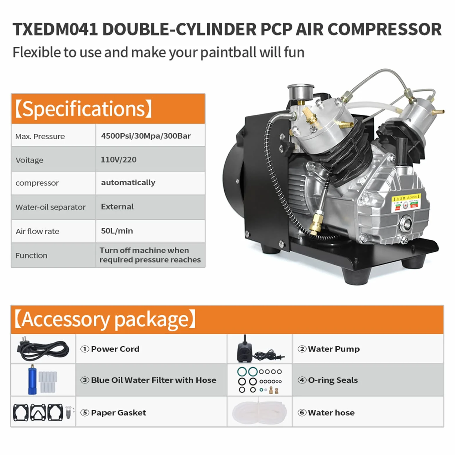 TUXING Kompresor PCP, 4500 psi/300 bar/30 MPa, kompresor wysokociśnieniowy z przenośną dwucylindrową mini sprężarką powietrza do pompowania butli do nurkowania, wiatrówek PC i karabinów paintballa